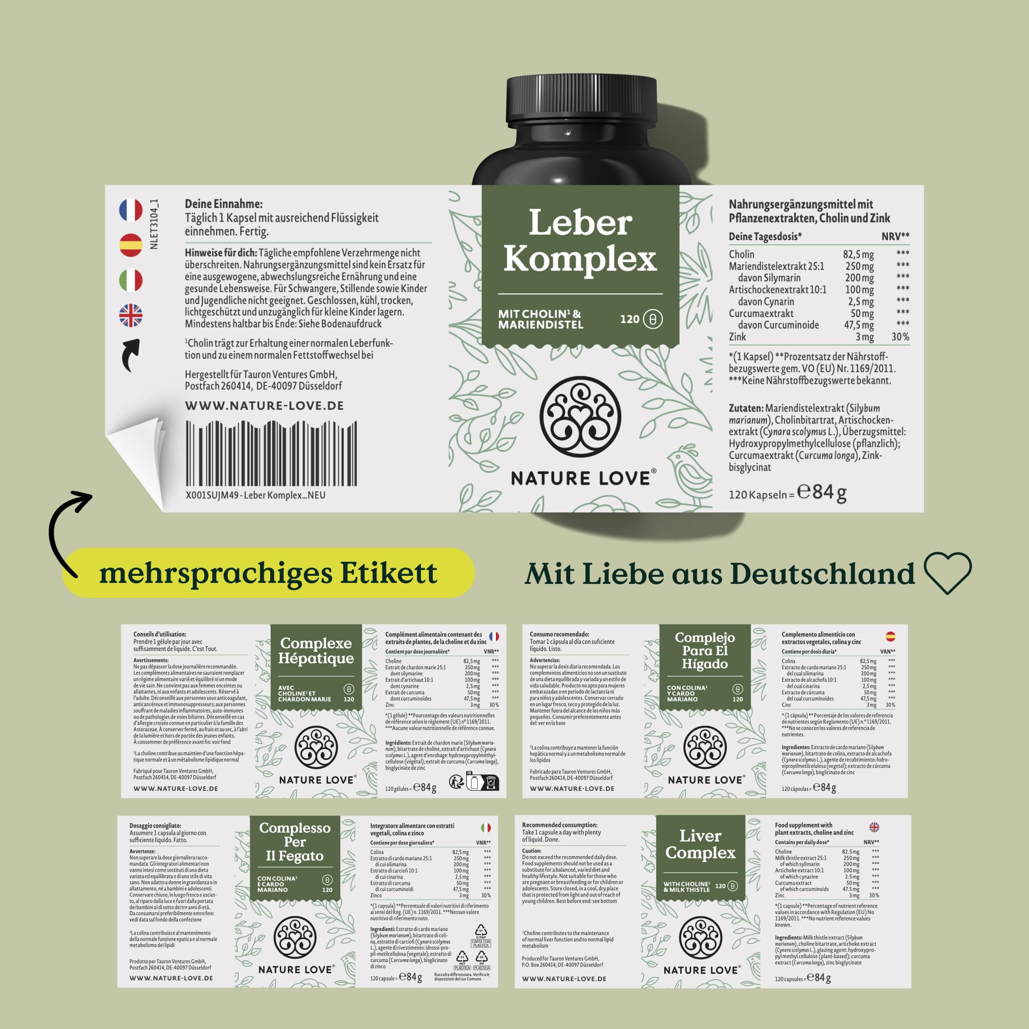 NATURE LOVE® Leber Komplex - 120 Kapseln - mit Mariendistel, Cholin, Artischockenextrakt, Curcuma & Zink - Hochdosiert, vegan, laborgeprüft und in Deutschland produziert