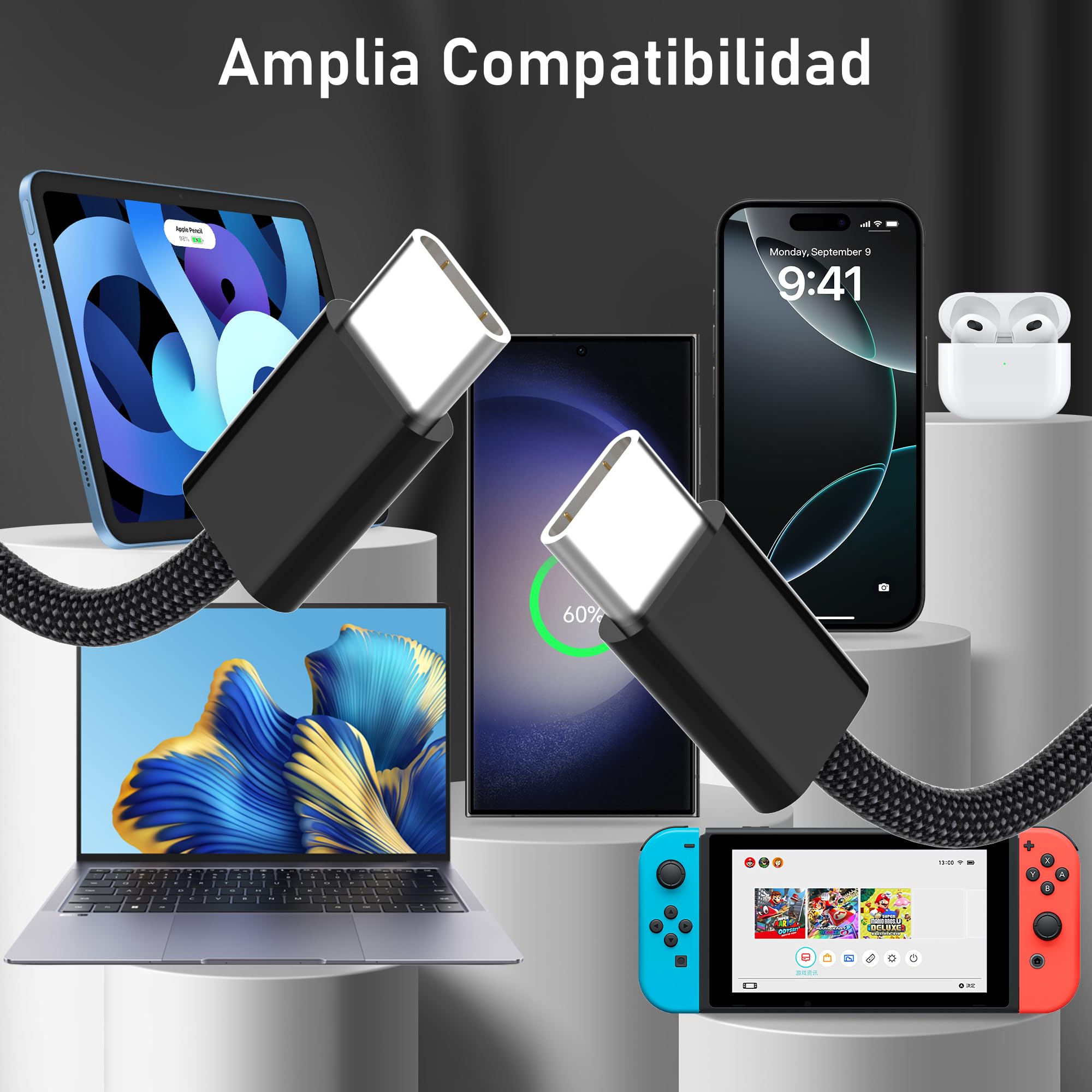 Cable USB C a USB C Carga Rápida - 4Pack [2M+1M+1M+0.5M] 60W Cable USB Tipo C Carga Rápida Trenzado Nylon Datos Cargador Teléfono Compatible con iPhone 17 16 15 Galaxy S25 S24 iPad MacBook
