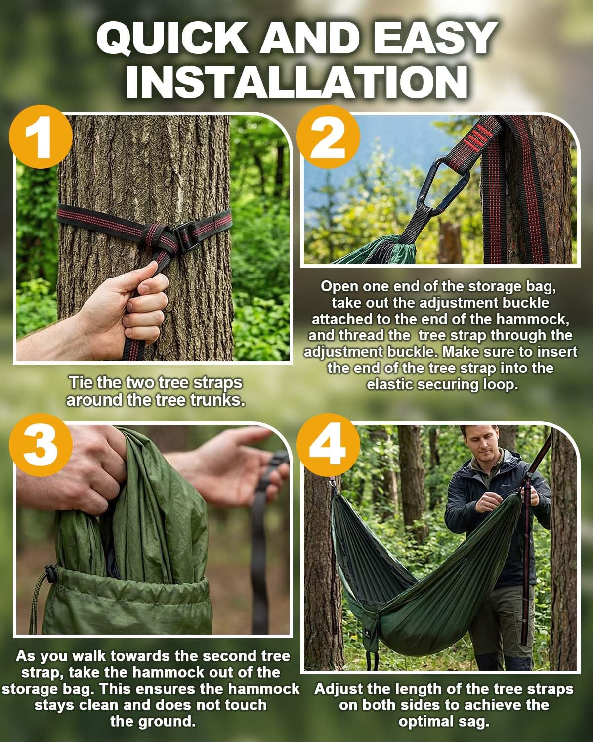 Amaca da campeggio 290 x 140 cm con zanzariera, ultra leggera e resistente, in nylon da 210T, da viaggio, con cinghie per alberi, facile da installare, amaca da campeggio per esterni