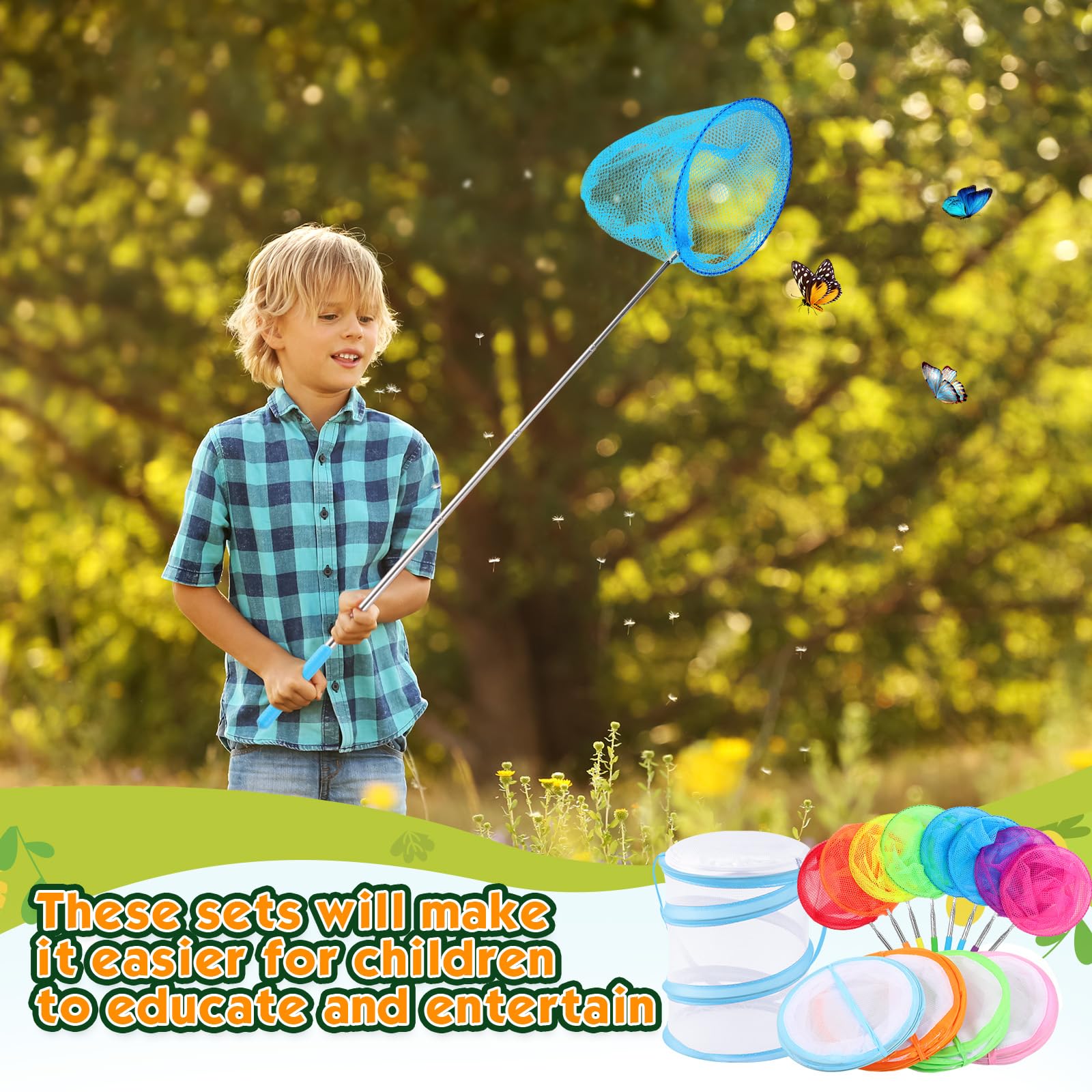Simgoing 12 reti telescopiche da pesca a farfalla per bambini, kit di cattura per esploratori all'aperto, gabbia a rete per insetti, cattura insetti e insetti, allungabile 86 cm