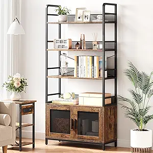 GAOMON Industrial Bookshelf with Doors 70.87" Tall Bookcase with 4 Tiers Open Storage Shelf Rustic Bookshelves Display Rack Cabinet Farmhouse Bookshelf for Bedroom, Living Room, Home Office, Brown