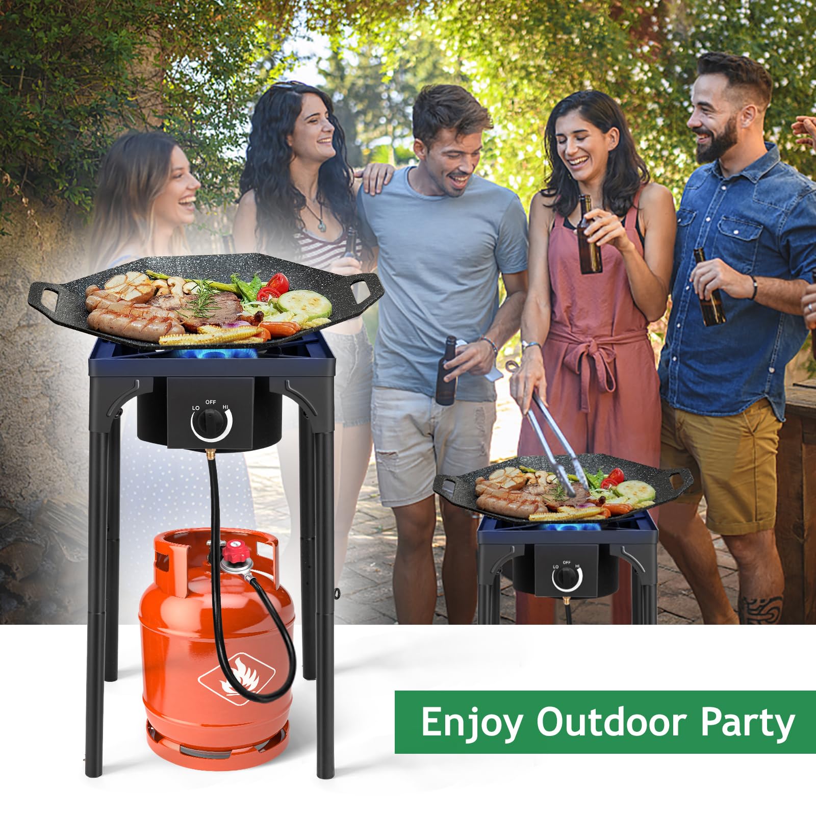Karl home Estufa de gas propano de 1 quemador para cocinar al aire libre, cocina de camping de 75,000 BTU con patas extraíbles y regulador PSI ajustable para cocinar en el patio trasero, barbacoa,