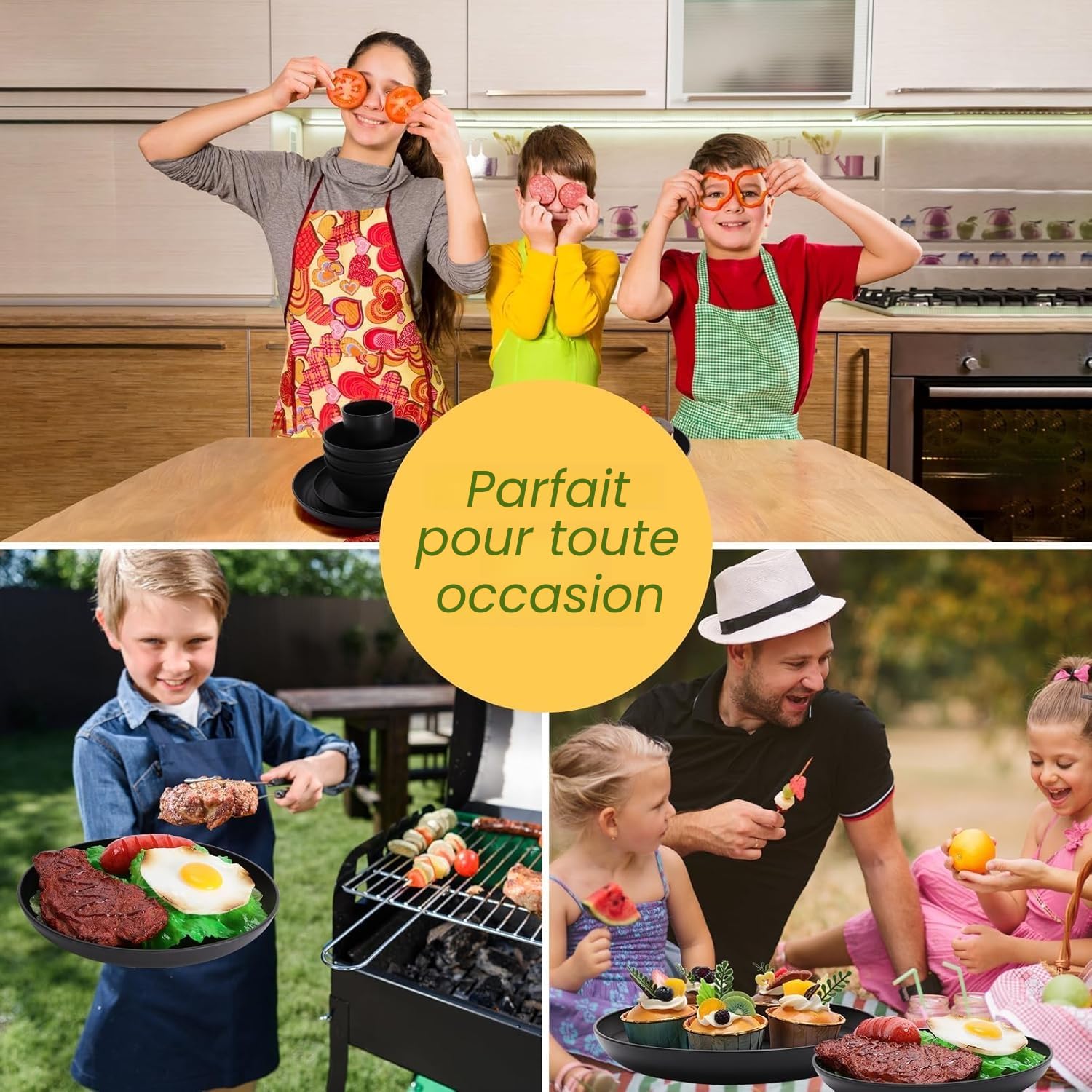 KAHEIGN 32 Pièces Services de Vaisselle en Plastique Incassable, 8 x 25CM Assiettes Plates, 8 x 20CM Assiettes à Salade, 8 x 720ml Bols, 8 x 360ml Tasses - Compatible Micro-Ondes et Lave-Vaisselle