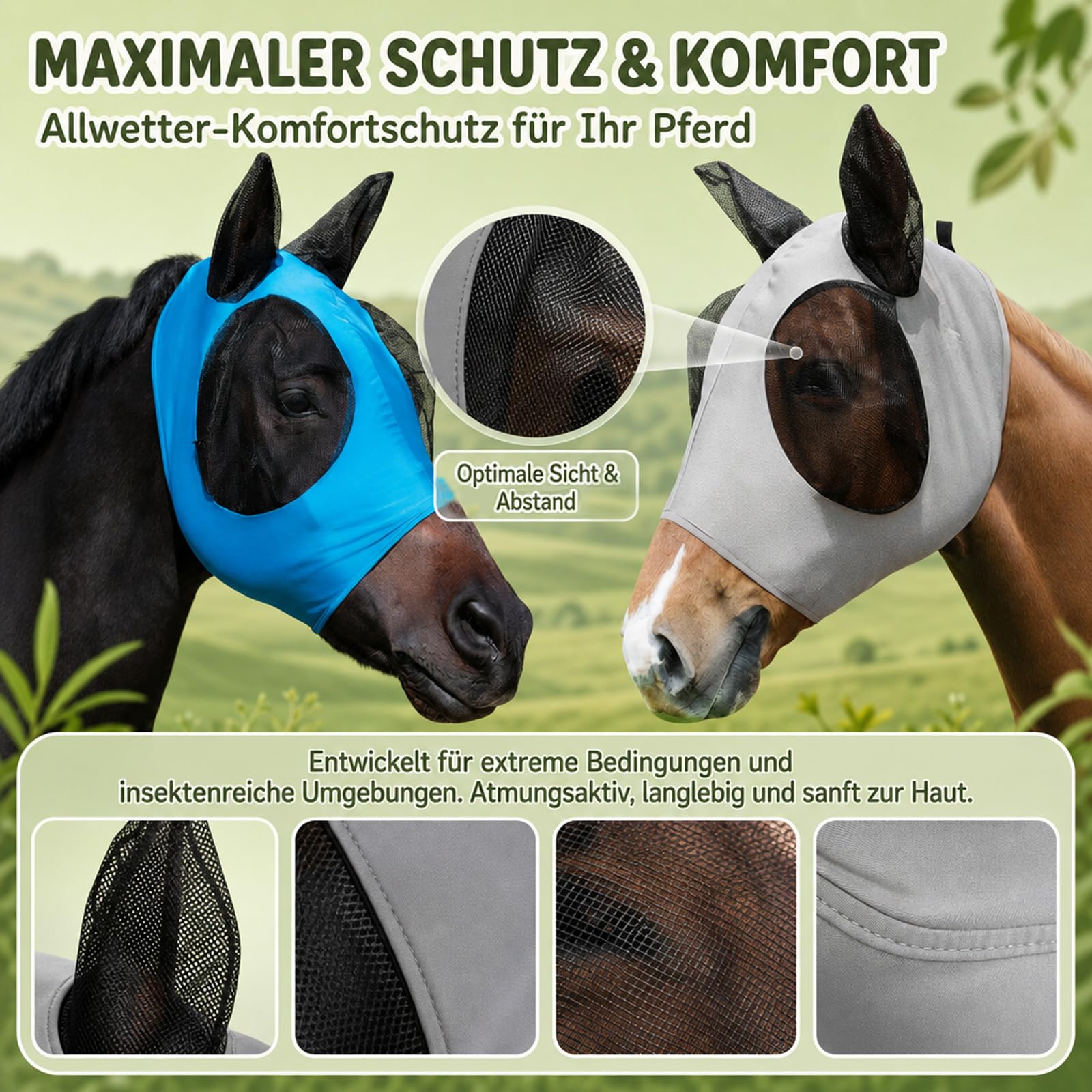 2 Stück Fliegenmaske Pferd mit Ohren, Dehnbare Fliegenhaube Pferd mit UV-Schutz, Nahtloser Fliegenschutz Pferd ohne Reißverschluss, Atmungsaktives Netzgewebe für Sommer & Weidegang (Blau/Grau)