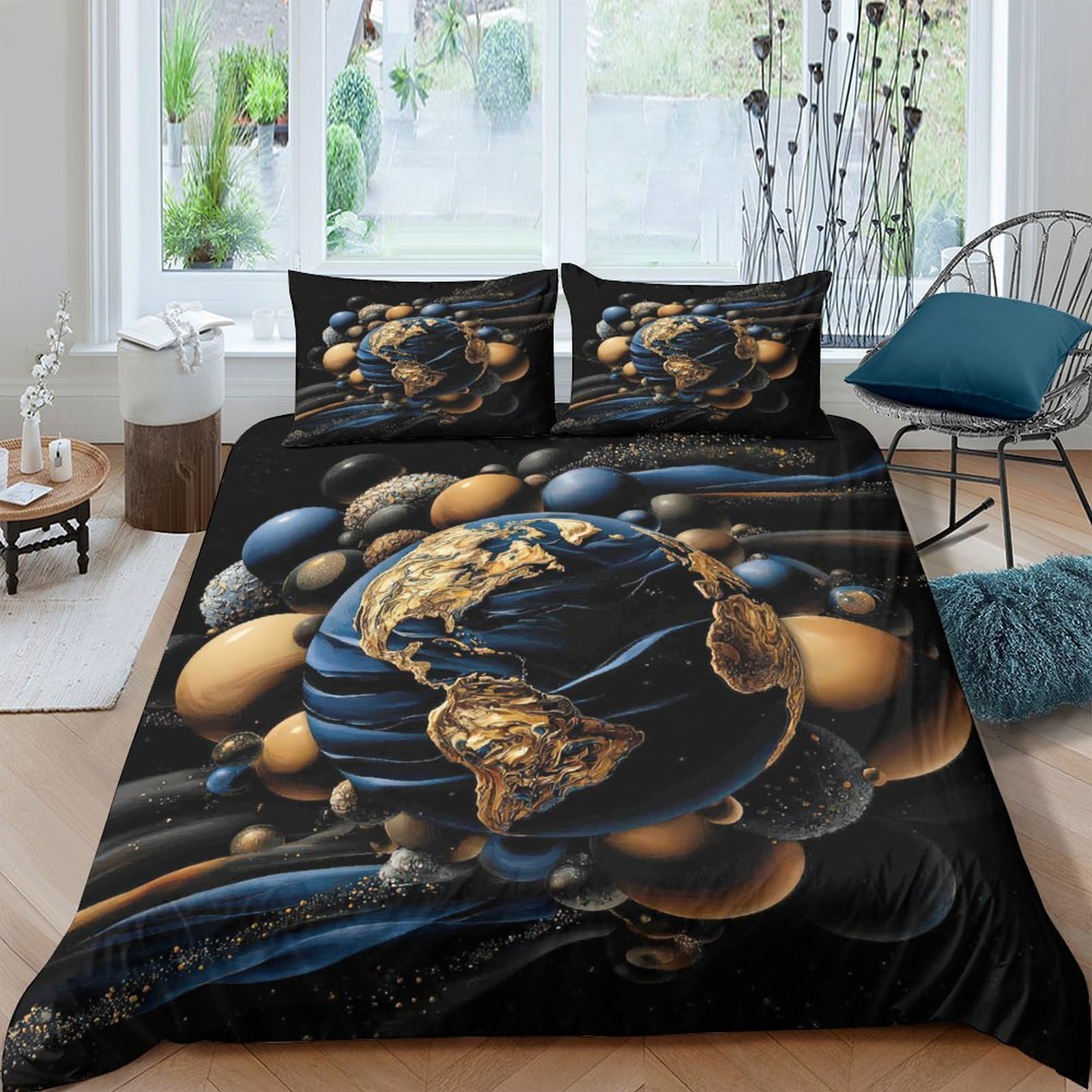Ctjqhvkz Style-7 3D Printed Golden Abstract Pattern Fitted Sheet Microfiber Soft Black Blue Art Bed Sheet For Bedroom Guestroom Decor Single（135X200cm）