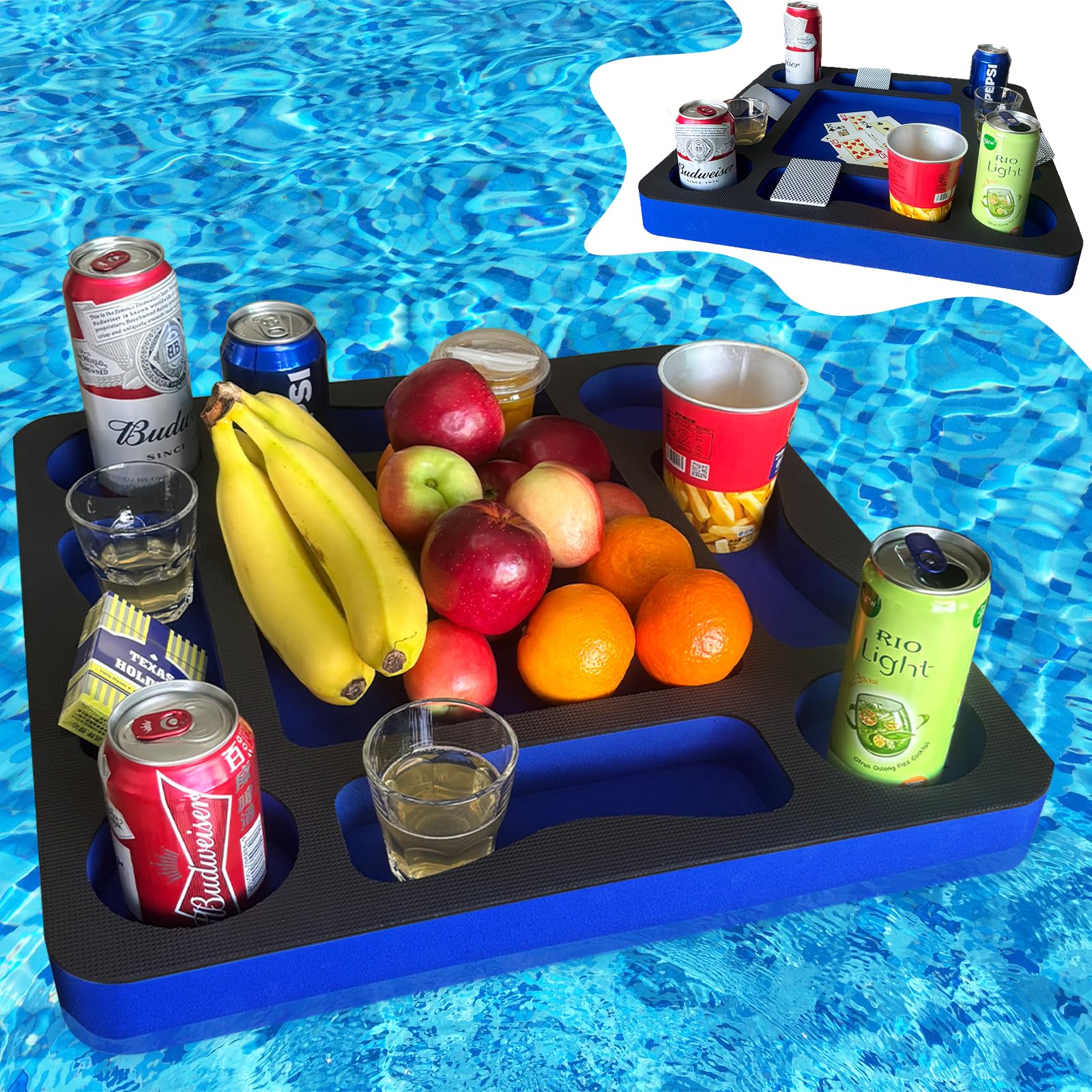 RAMIEYOO Floating Pool Games Table for Adults - All-in-One Drink Holder & Refreshment Station for Pool, Beach, Hot Tub,Waterproof Cards Included,