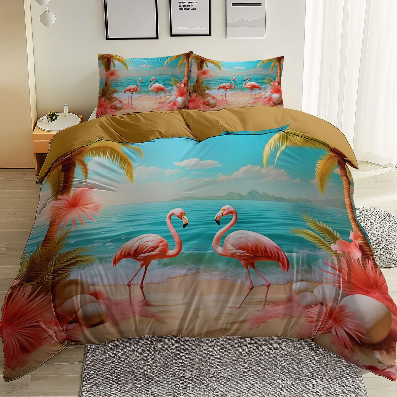 Zestaw dwustronnych poszewek na kołdrę – zestaw poszewek na kołdrę 3D, plażowe flamingi, miękki nadruk, 1 poszewka na kołdrę 260 x 220 cm i 2 poszewki na poduszki, brązowy zestaw pościeli z mikrofibry