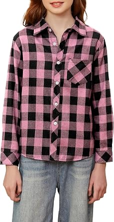 Betusline Girls Flannel Plaid Shirt Button Down Long Sleeved Shirts