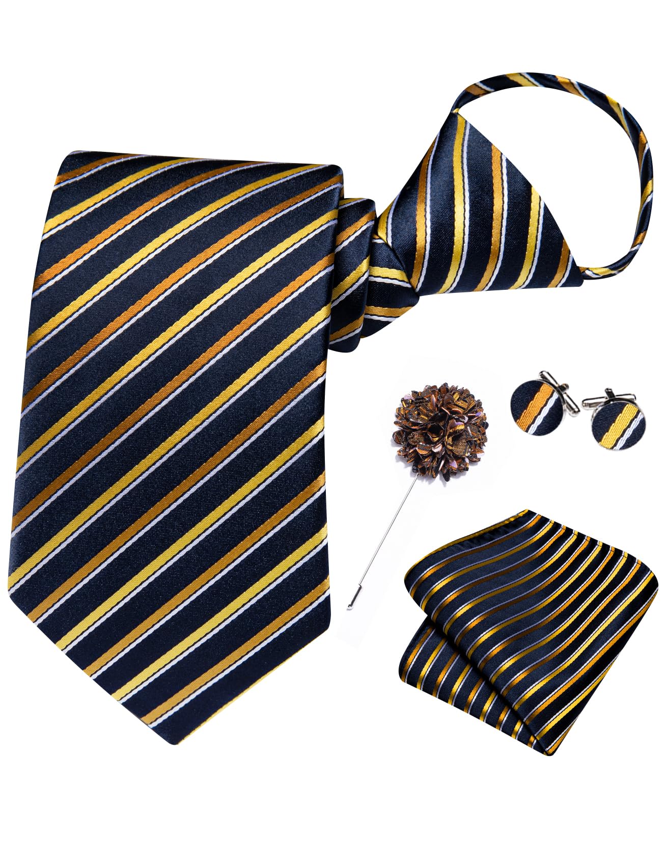 Hi-Tie Blue Plaid Zipper Ties for Men Silk Adjustable Pre-tied Necktie Set