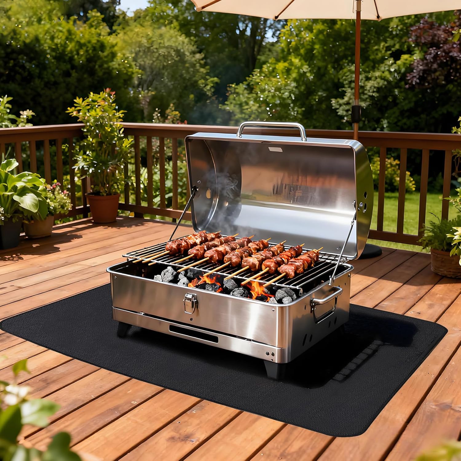 TrailBlaze Double-Sided Fireproof Grill Mat - Heavy Duty Waterproof & Oil-Proof Deck Protector for Outdoor BBQ, Fire Pit, Patio & Fireplace - Durable Floor Mat, Black, 76 x 48 inch