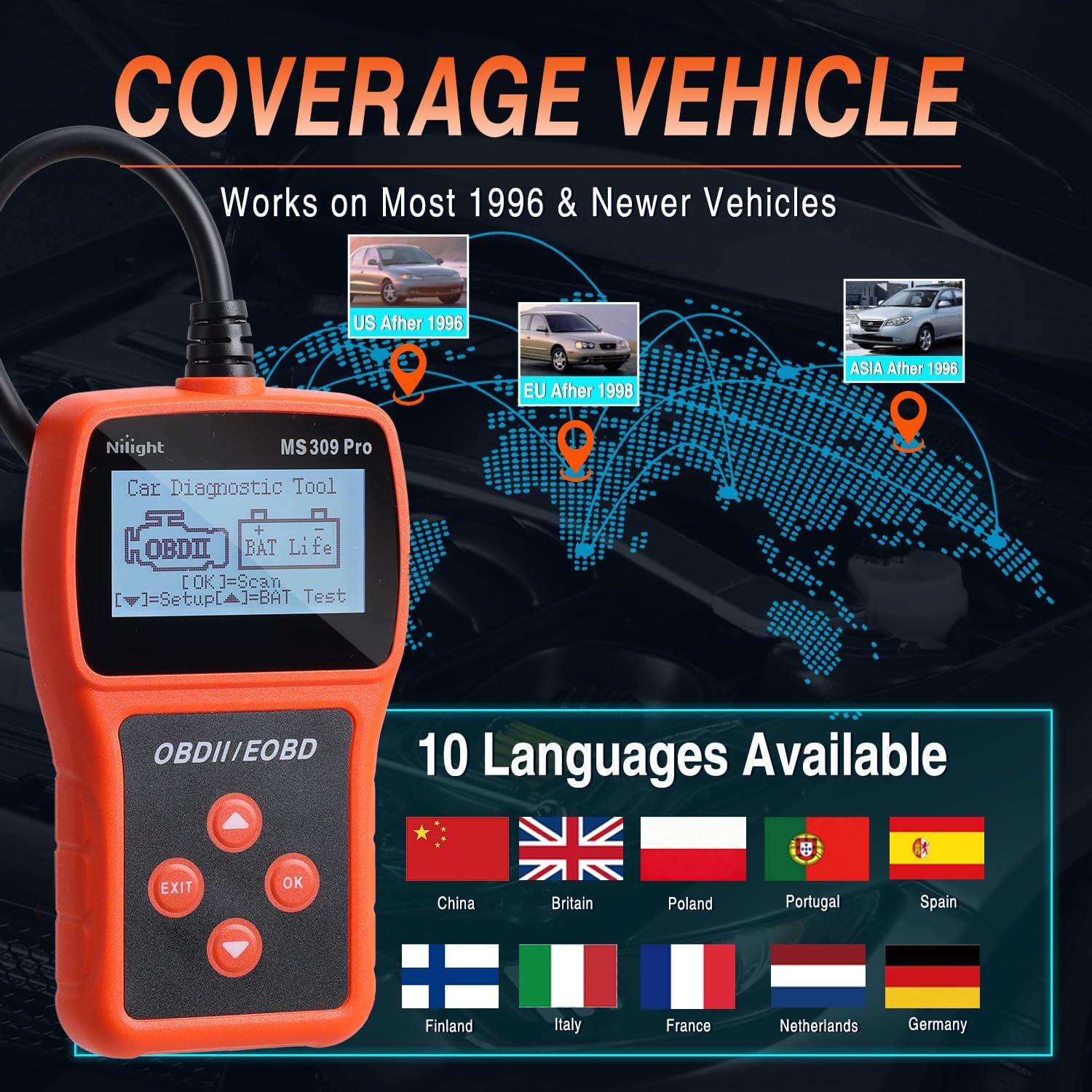 Nilight MS309pro Classic Universal OBD2 Scanner - Upgraded 2.4" Screen Car Engine Fault Code Reader - Reliable CAN Diagnostic Scan Tool to Read and Clear Error Codes Fast, All Vehicles After 1996