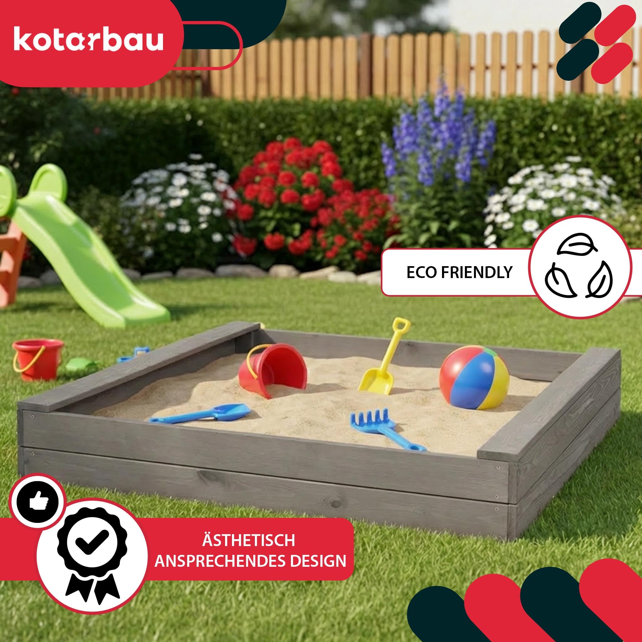 KOTARBAU® Bac à Sable Enfant Exterieur, Bois de Pin Imprégné, 140 x 140 cm