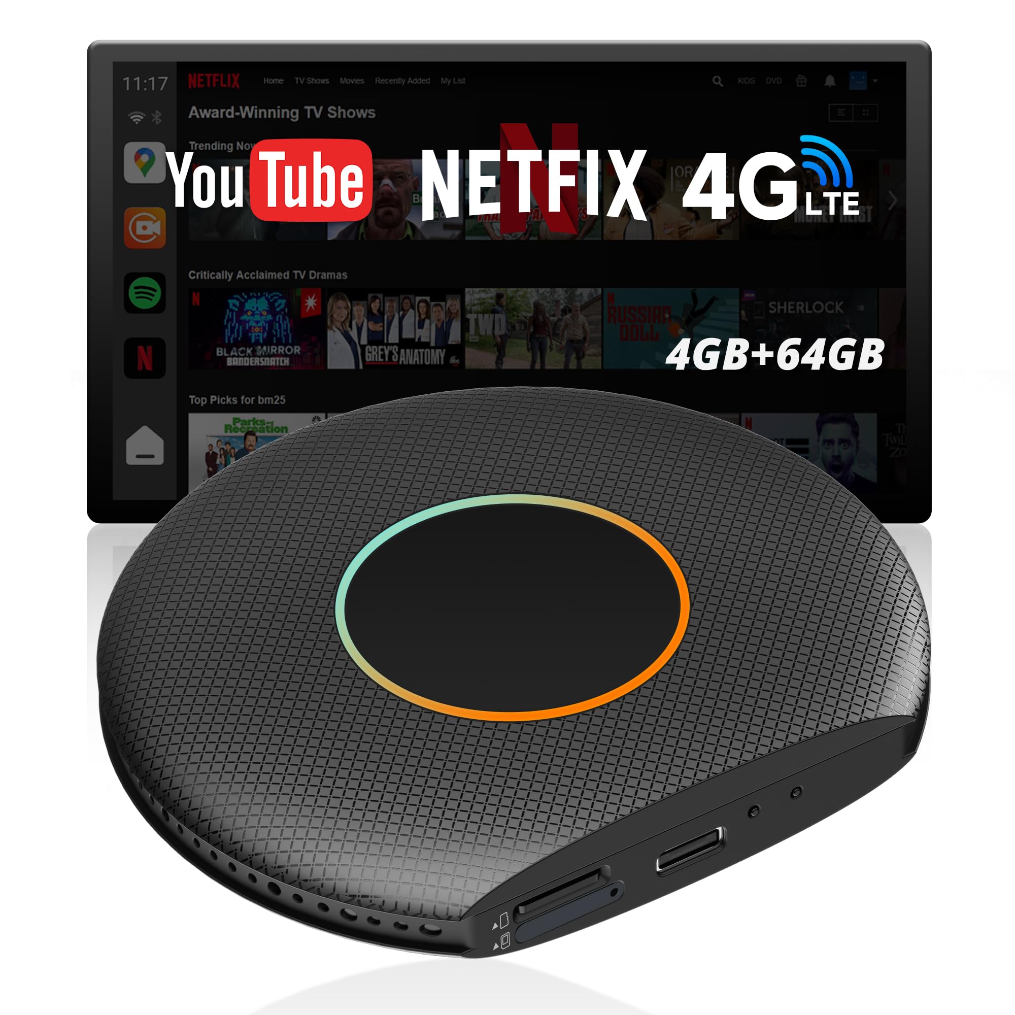Adattatore CarPlay Wireless 4+64GB AI Box Android Auto con Navigazione GPS | 4G LTE, Drivechat Ai voce, display diviso, navigazione GPS, doppio WiFi e Bluetooth, blocco Bluetooth, TrackHU