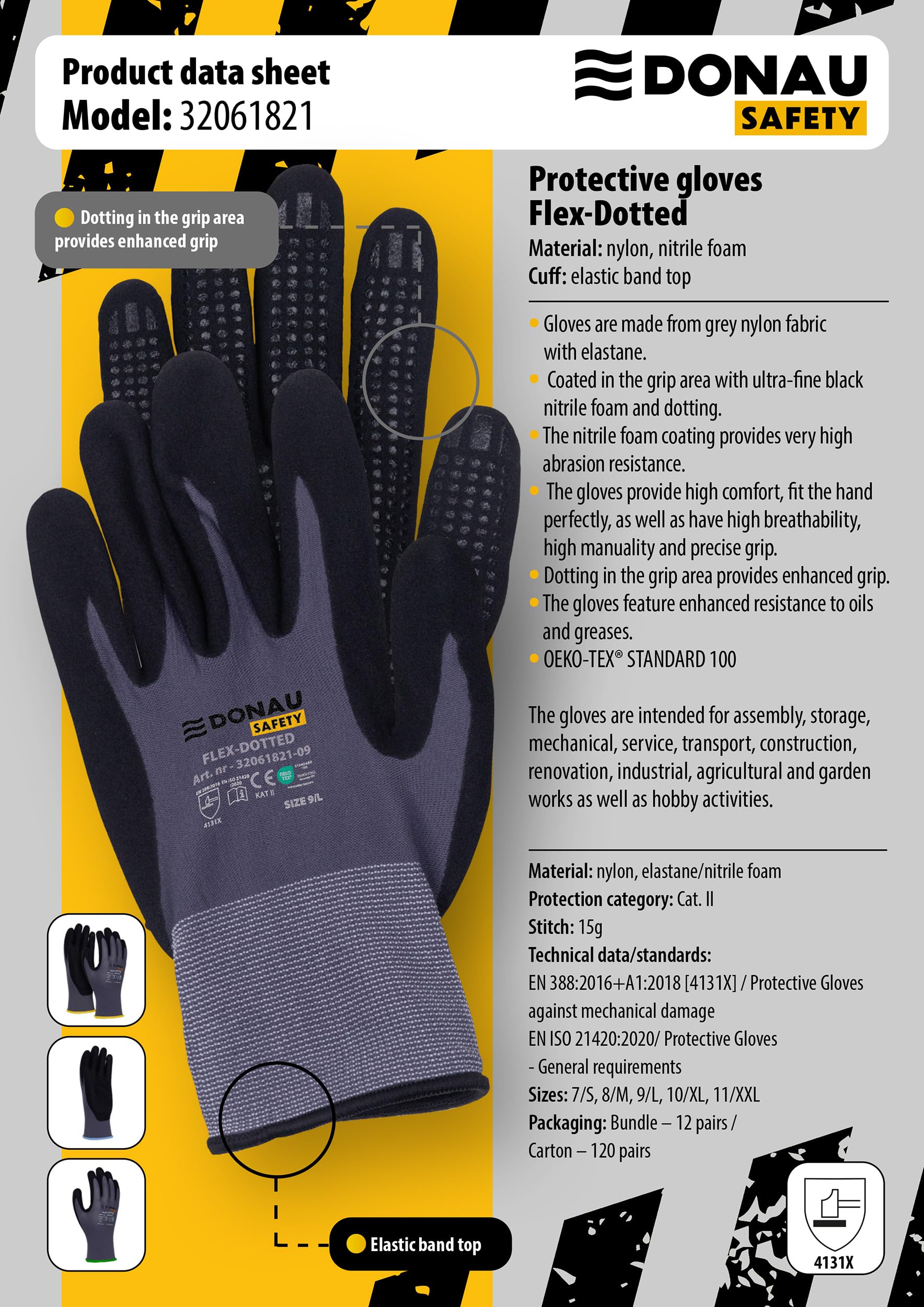 DONAU SAFETY Gants de travail Flex-Dotted avec picots antidérapants, taille 10/XL, 1 paire, gris-noir, pour mécaniciens, revêtement nitrile, légèrement résistant à l'huile, nylon