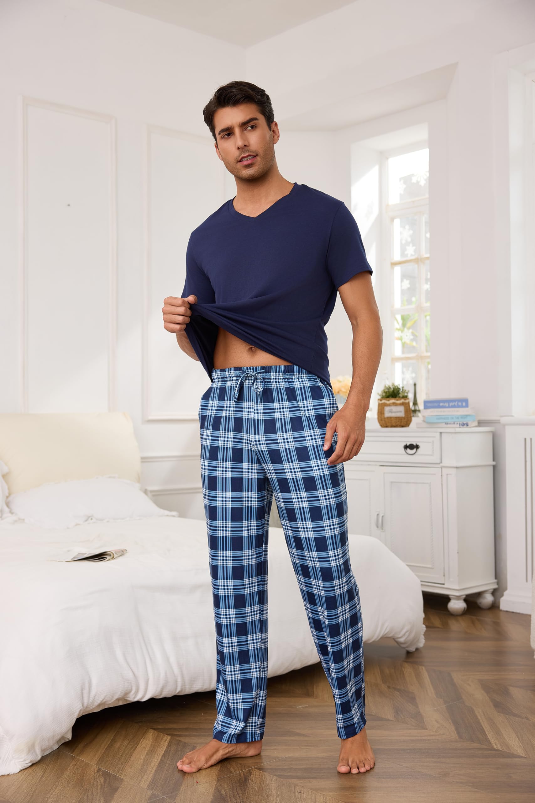 Bresdk Pijama Hombre Invierno Algodón Conjunto de Pijamas Manga Corta Tops con Largos Pantalones a Cuadros Ropa de Dormir con Bolsillos y Cordón S-3XL