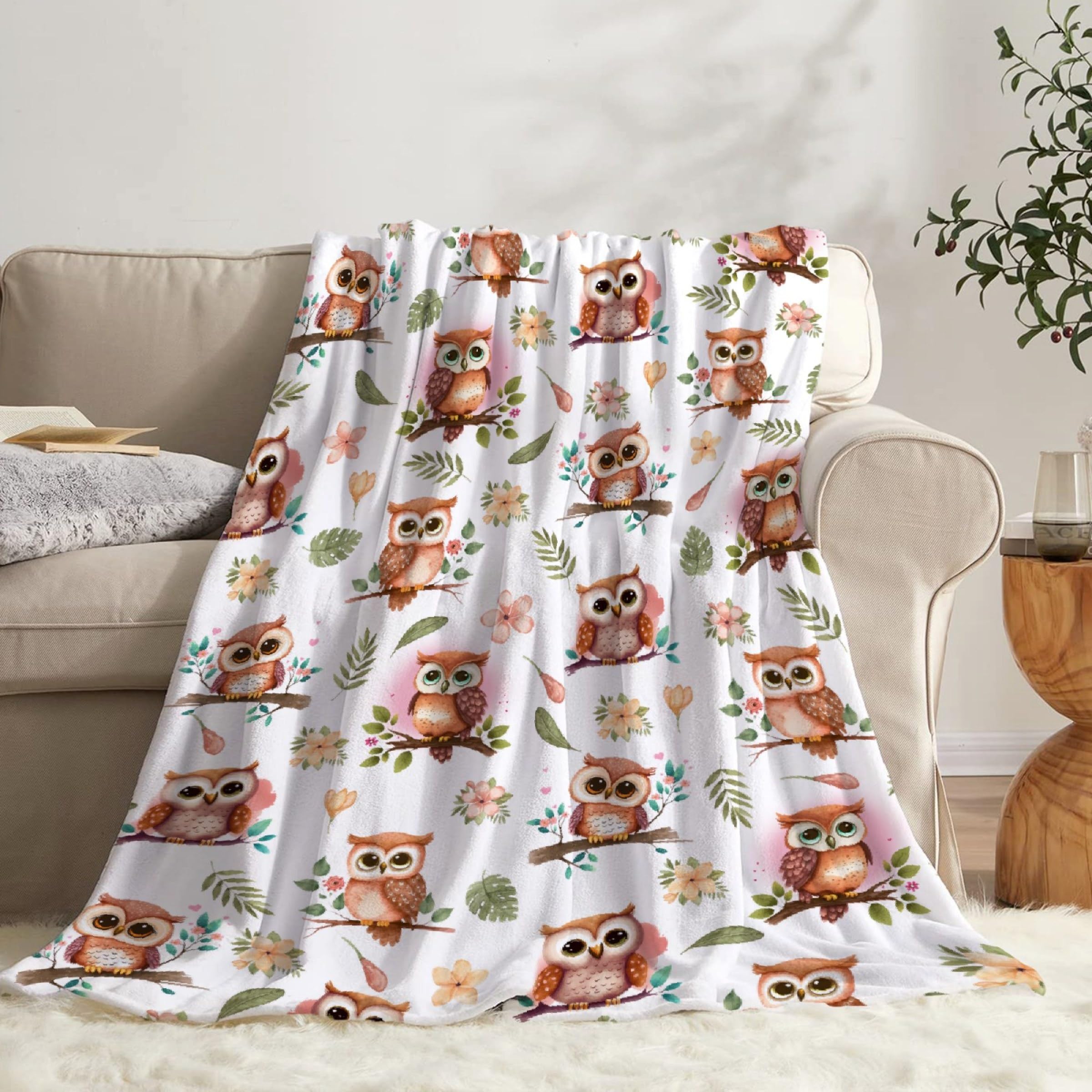 Cute Owl Floral Blanket - Super Soft Flannel Fleece, Lightweight Microfiber Cozy Plush for Couch, XL 120"x90"