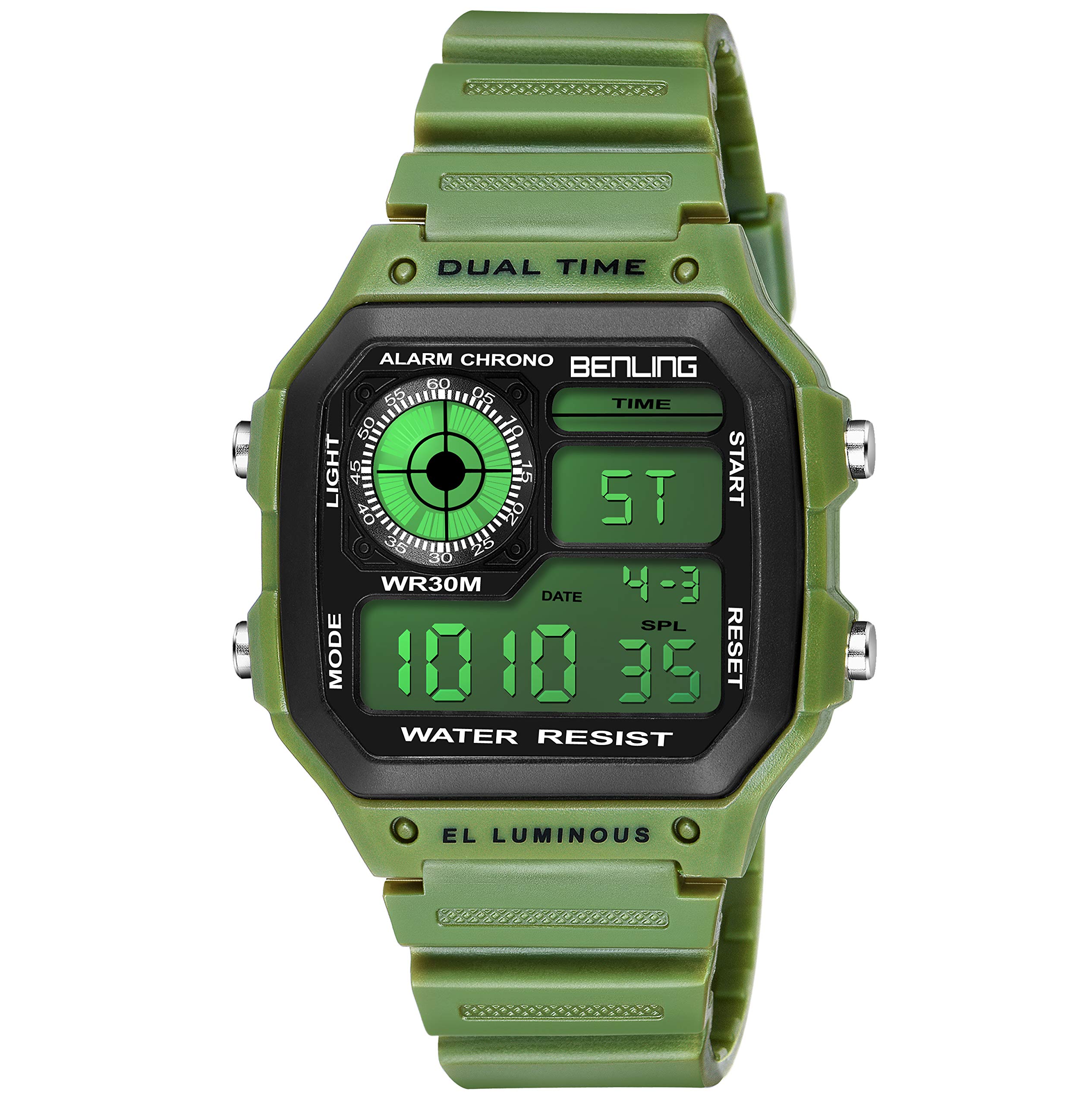 Benling Multifunctional Digital Sports Watch for Men, Silicone Strap, EL Light Display, Formal Casual Fashion Watch (Green) (B07Z7YG69G) Amazon Price History, Amazon Price Tracker