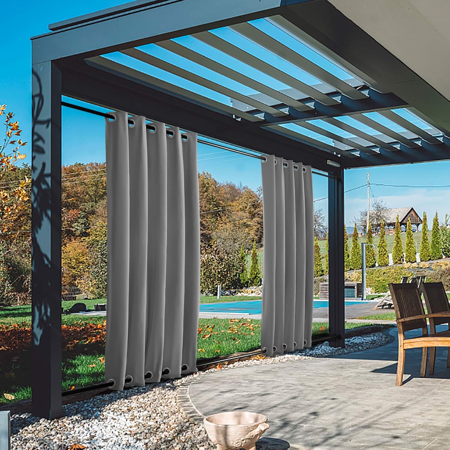 TWOPAGES Dark Grey Outdoor Curtain with Rustproof Grommet