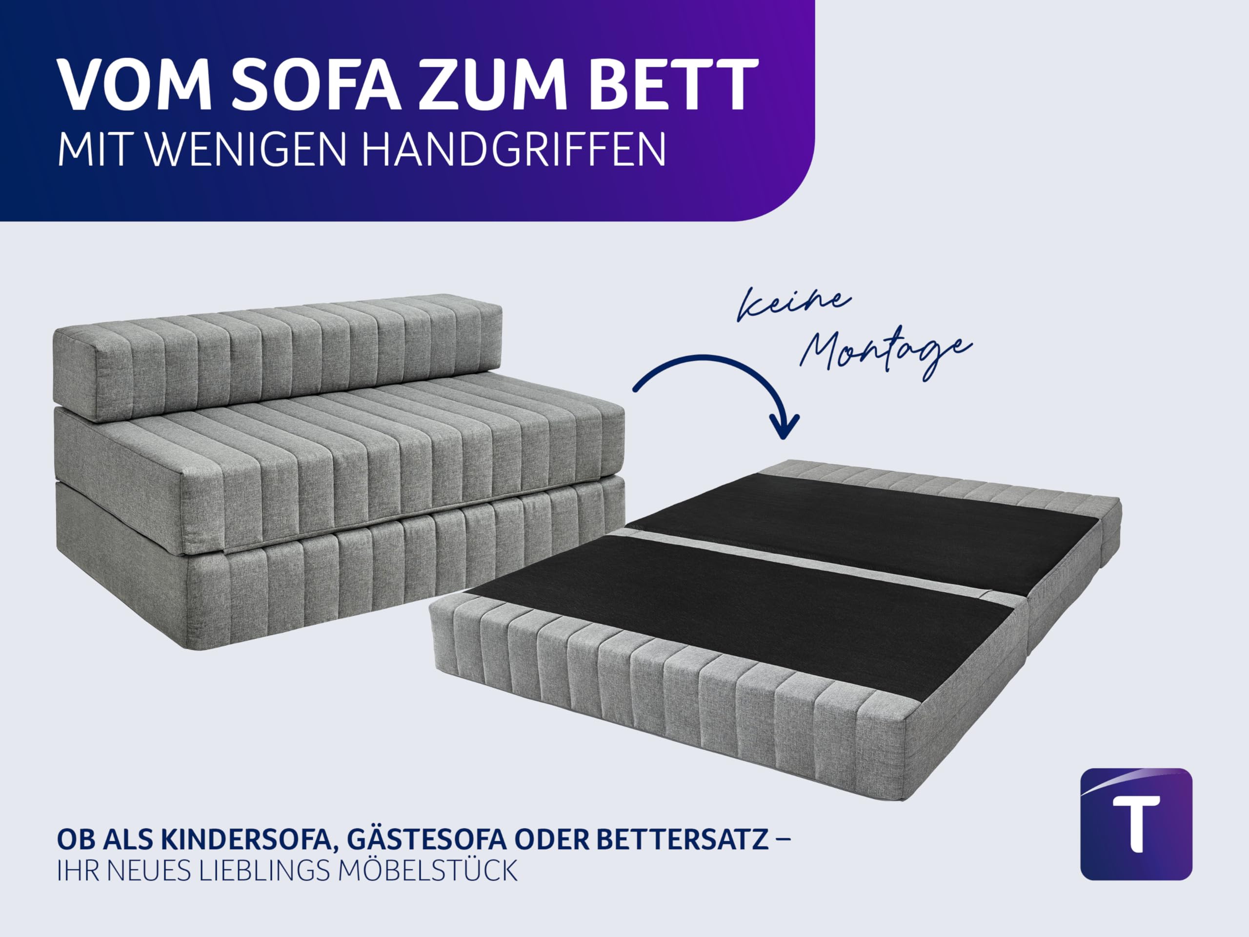 Traumnacht Schlafsofa 140 x 200 cm – Doppelgästematratze & 3-Sitzer Gästesofa mit Schlaffunktion, Grau, deutscher Qualitätsstandard