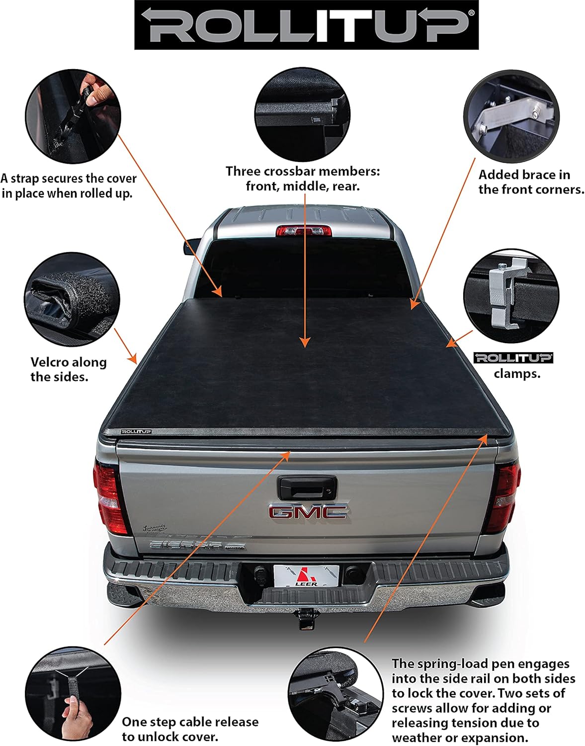 Diagram showing various features of the LEER ROLLITUP Tonneau Cover on a truck bed, including crossbar members, Velcro, clamps, and release mechanism.