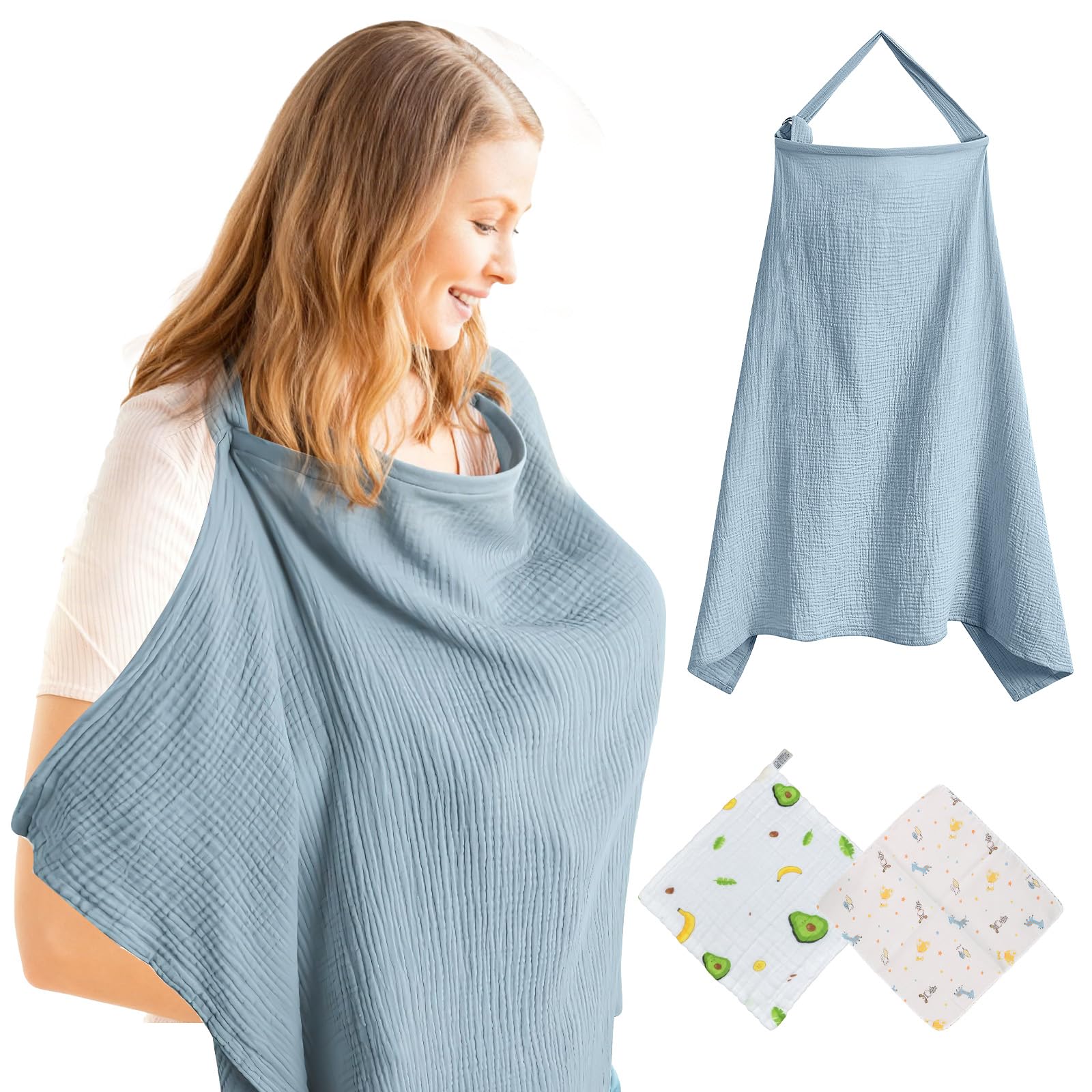 Solivive 105x71cm Stilltuch für Unterwegs,Atmungsaktive Baumwolle Stilltuch,Verstellbare Schultergurte Stillschal,Vollständiger Sichtschutz,Geeignet für Autositze und öffentliche Orte (Hellblau)