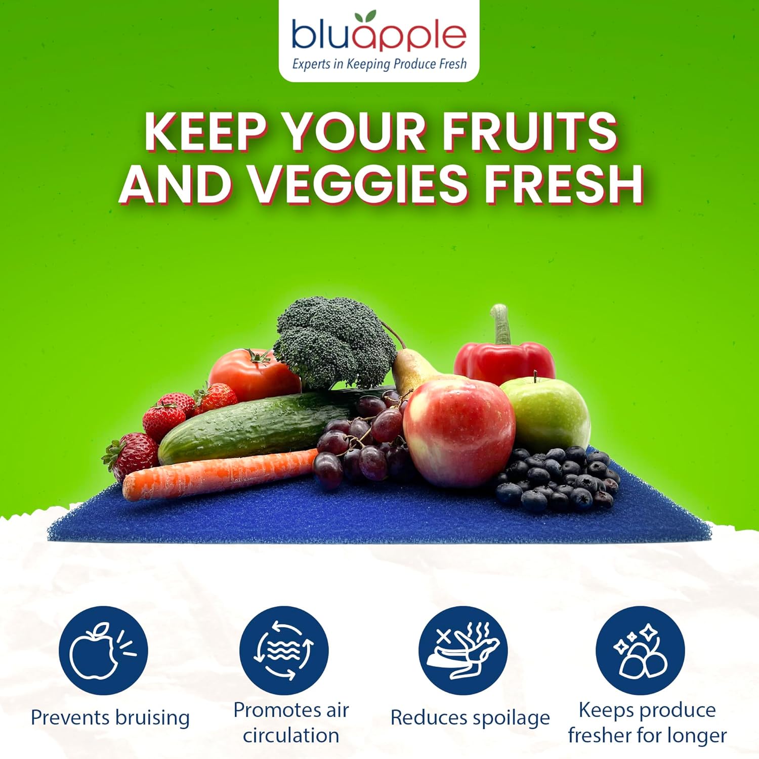 Bluapple Produce Saver Ethylene Gas Absorber 2-Pack, VeggieZips Premium Produce Storage Bags with HydroLiners, and Washable & Reusable FreshMats - Keeps Fruits & Vegetables Fresh - Made in the USA