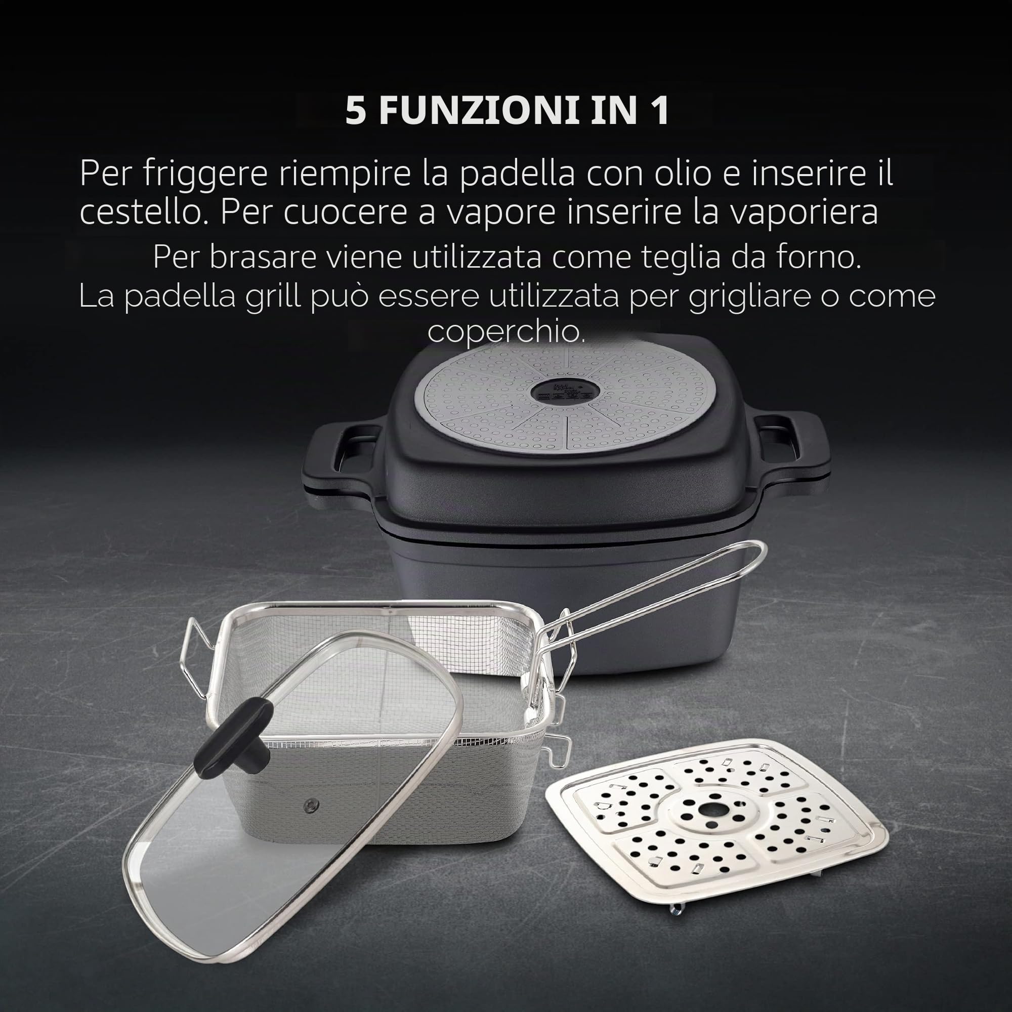 MasterPRO Foodies | Set di pentole 5 pezzi in 1 | Set multifunzione in alluminio pressofuso | Cucinare, grigliare, arrostire e cuocere a vapore | Accessori inclusi | Per tutti i piani cottura
