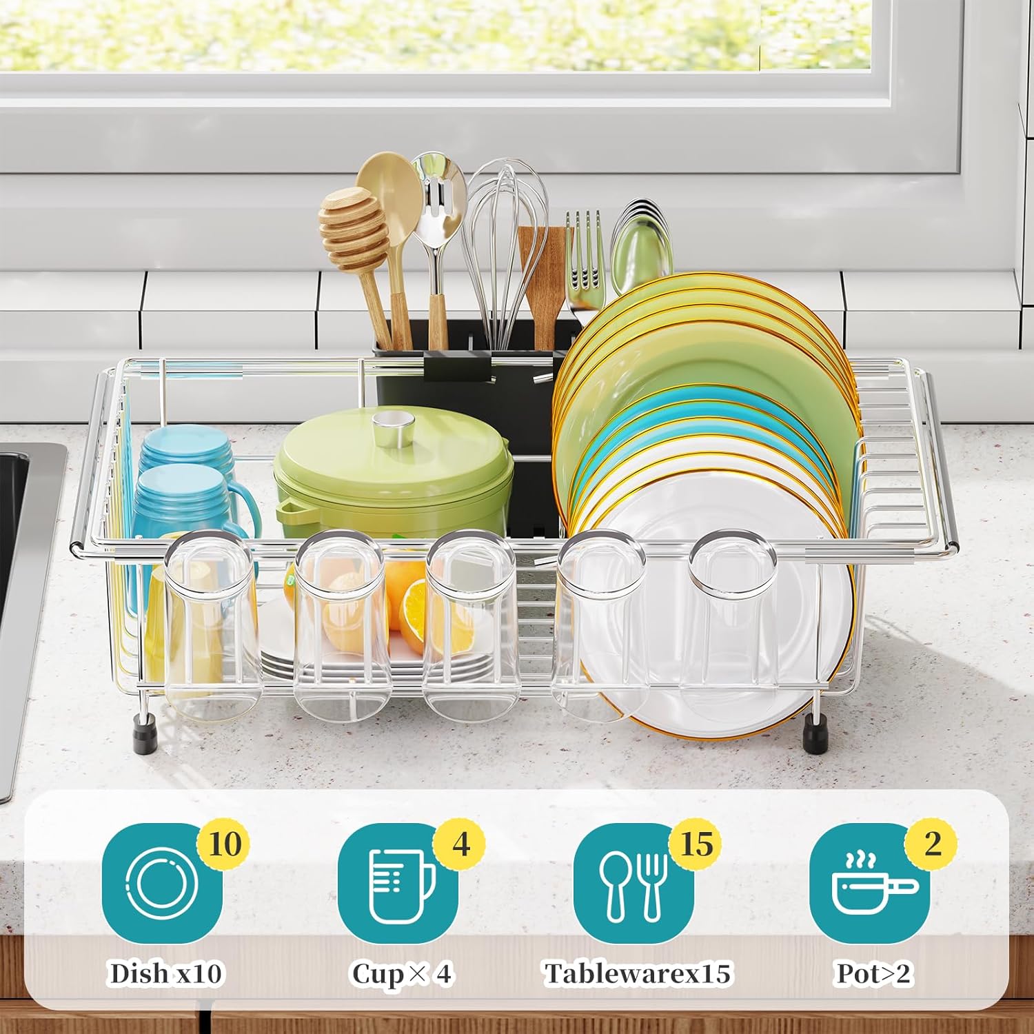 Simple Trending Expandable Dish Drying Rack in Sink, Adjustable Dish Drainers for Small Kitchen, Counter Inside Sink, Over The Sink with Utensil Holder