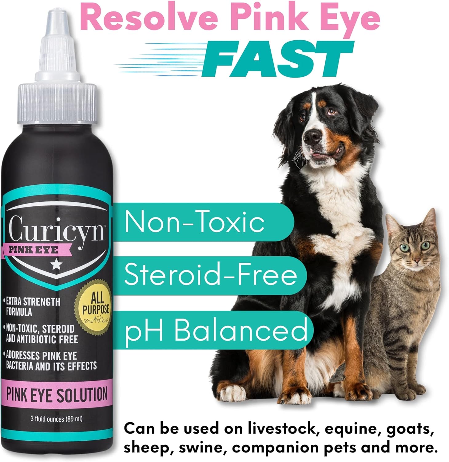 Curicyn Pink Eye Solution, Conjunctivitis Eye Drops for Dogs, Cats, Livestock and Horses – Pain Free, Non-Steroidal Dog Eye Wash with Purified Anolyte - Effects Observed in 1-3 Days - 3 oz : Pet Supplies