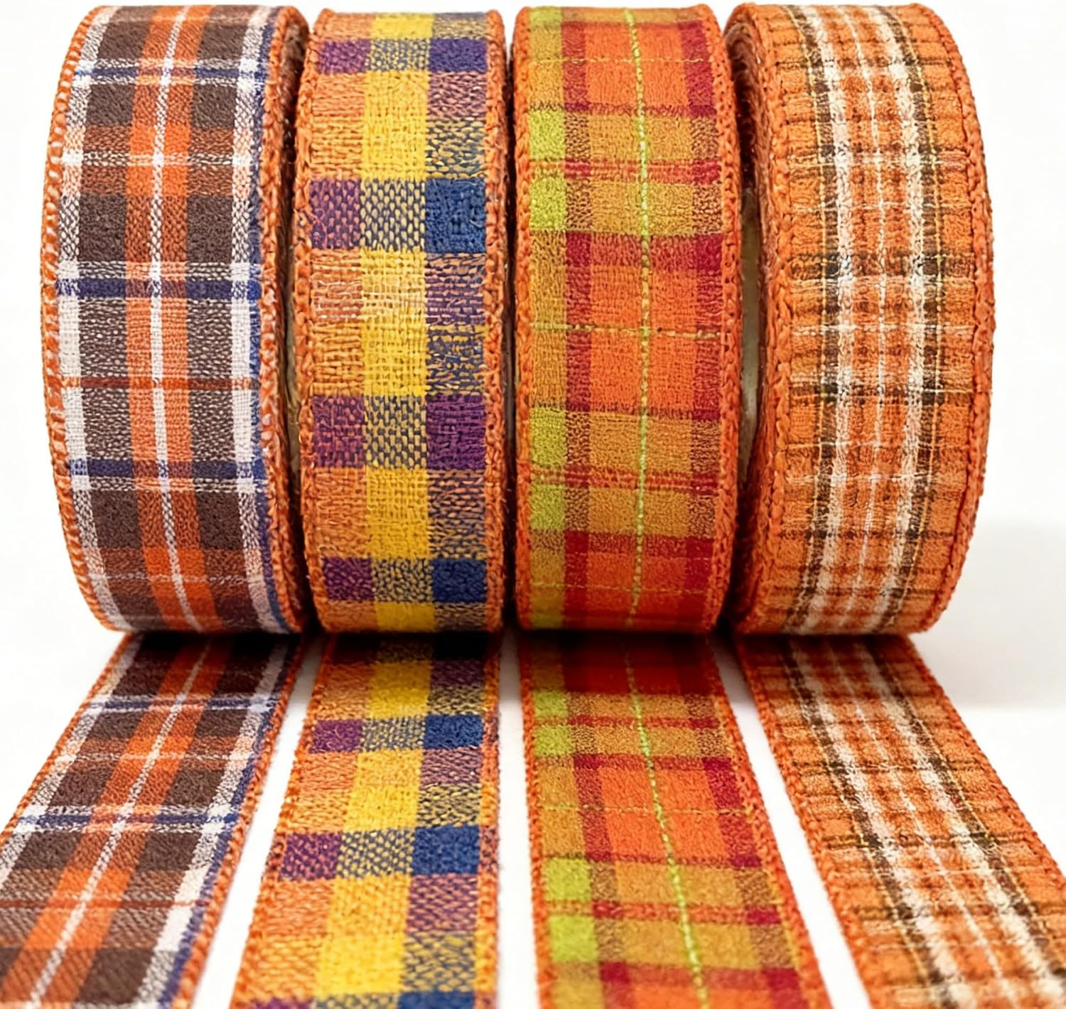 Meseey 1.5 Inch Fall Plaid Wired Ribbon Set, 4 Rolls Total 40 Yards Assorted Orange Plaid Wired Edge Ribbon for Wreaths, Bows, Gift Wrapping, Thanksgiving & Halloween Decor (FPRS001)
