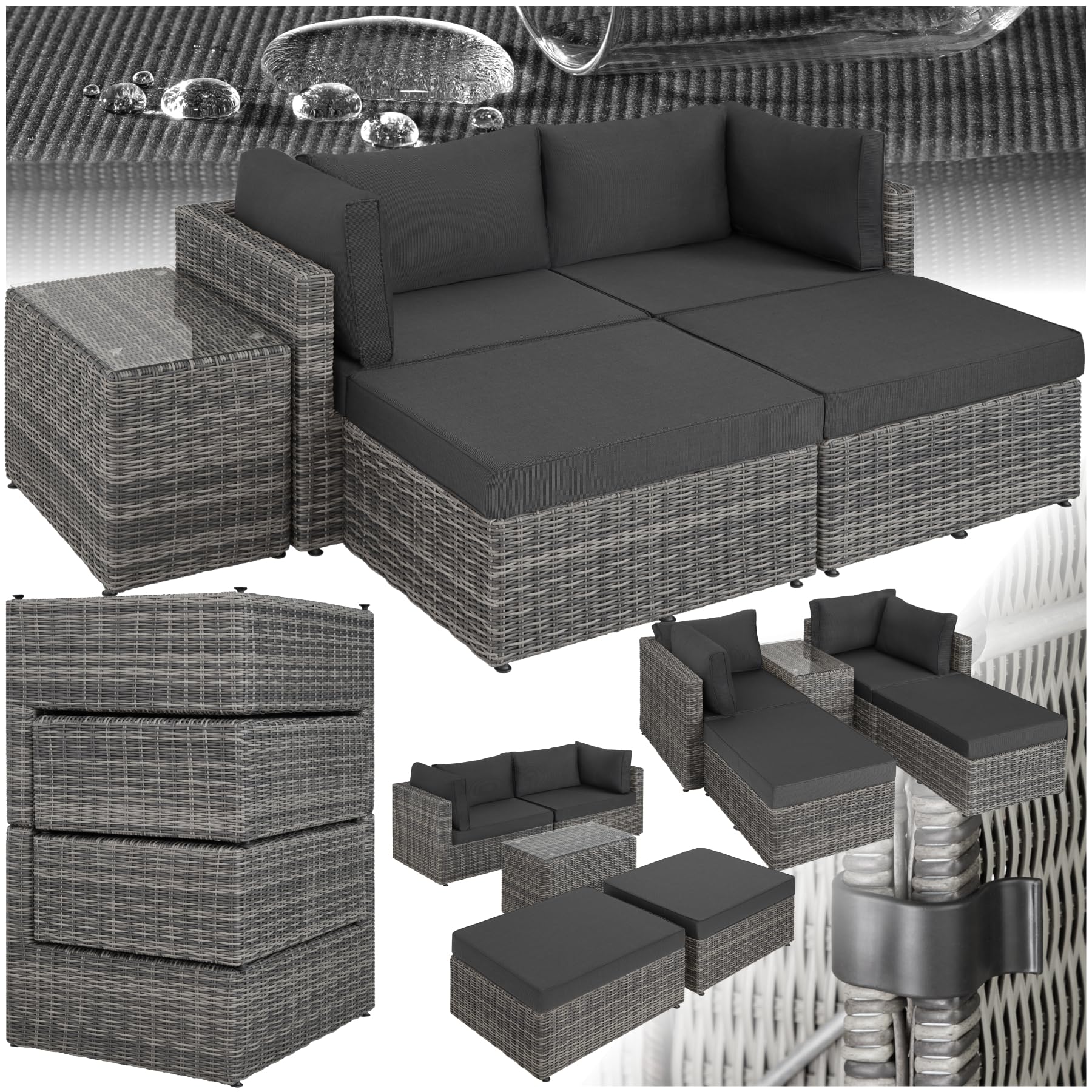 tectake® Sillón Doble de Ratán y Aluminio, Conjunto Jardín 2 Sillones, 2 Taburetes, 1 Mesa, Mueble Jardín Exterior con Cojines de 10 cm, Conjunto Terraza Resistente a Intemperie - gris claro/gris osc.