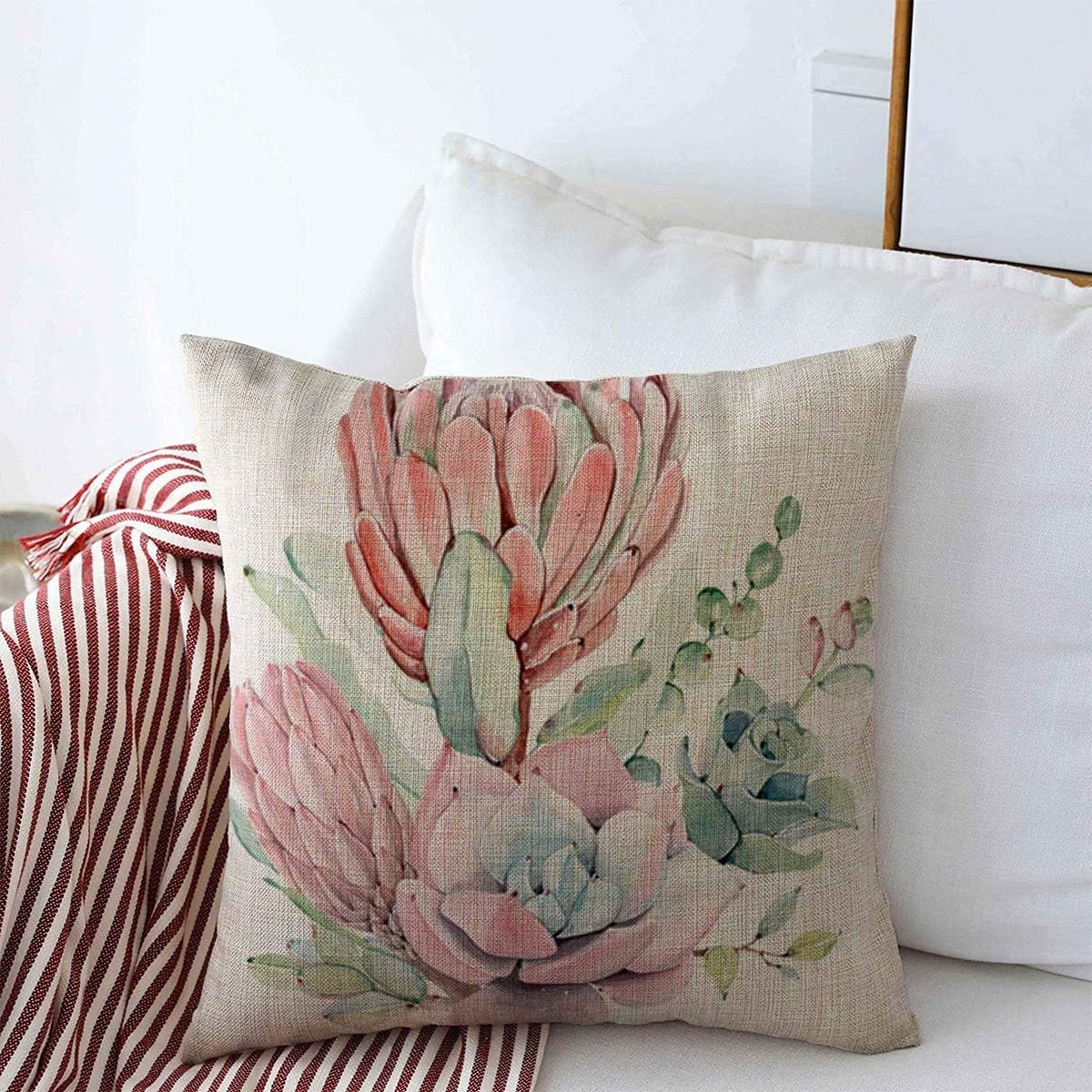 Starosa Throw Pillows Cover 16 x 16 Inches Green Protea Watercolor Vintage Succulents Bouquet Spring Summer Nature Pink Cactus Botanical Flower Cushion Case Cotton Linen for Fall Home Decor