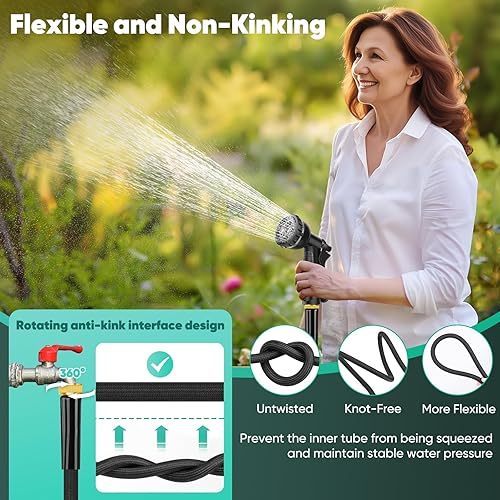 Miniatura 4 de Manguera de jardín de 25 pies, no expandible, manguera ligera, interfaz de metal a prueba de fugas, sin nudos, fácil de transportar, resistente al