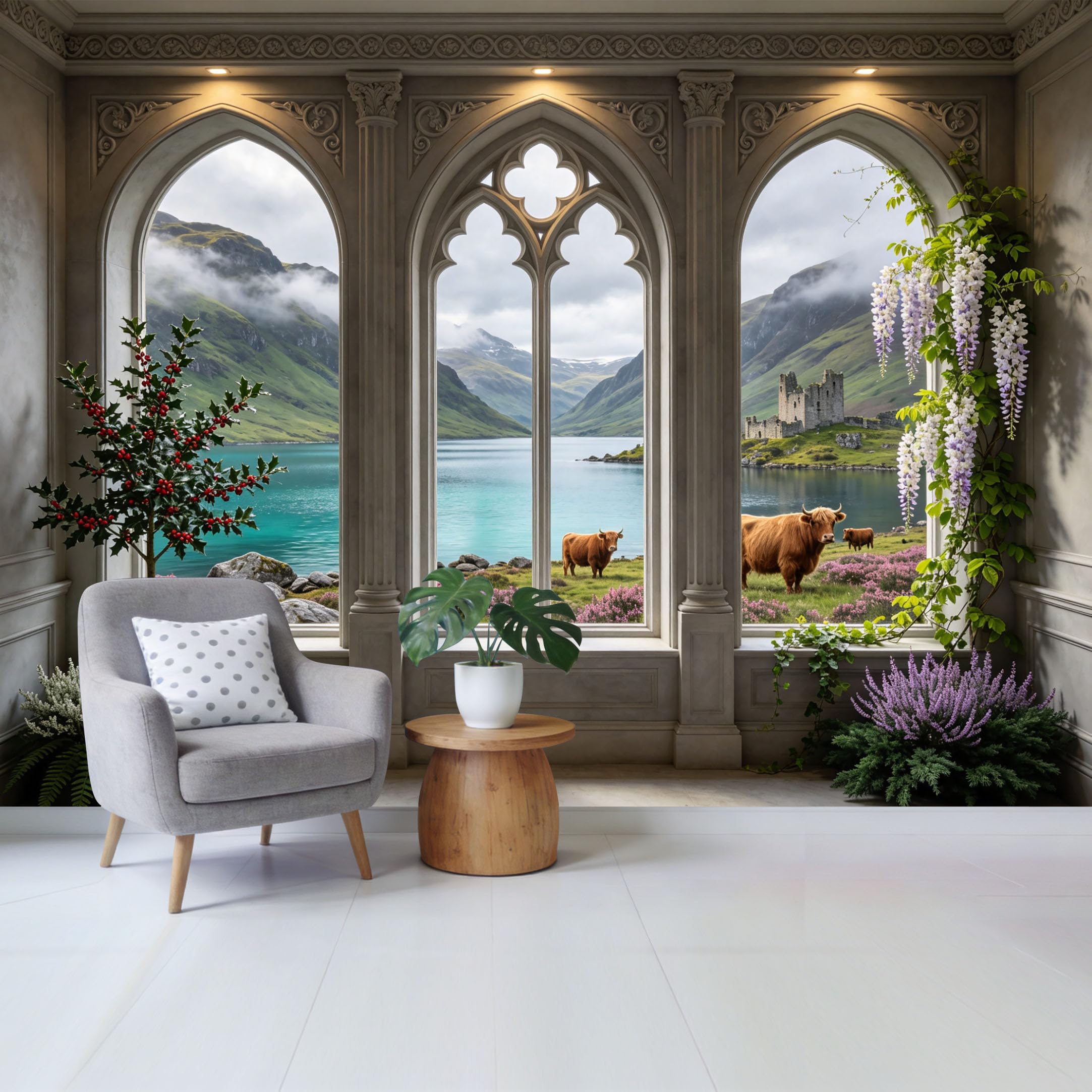 Custom Size Wall Mural Highland Lake Landscape Castle View with Cows Through Gothic Window Removable Self Adhesive Fabric Home Wall Decor for Living Room Bedroom Bathroom