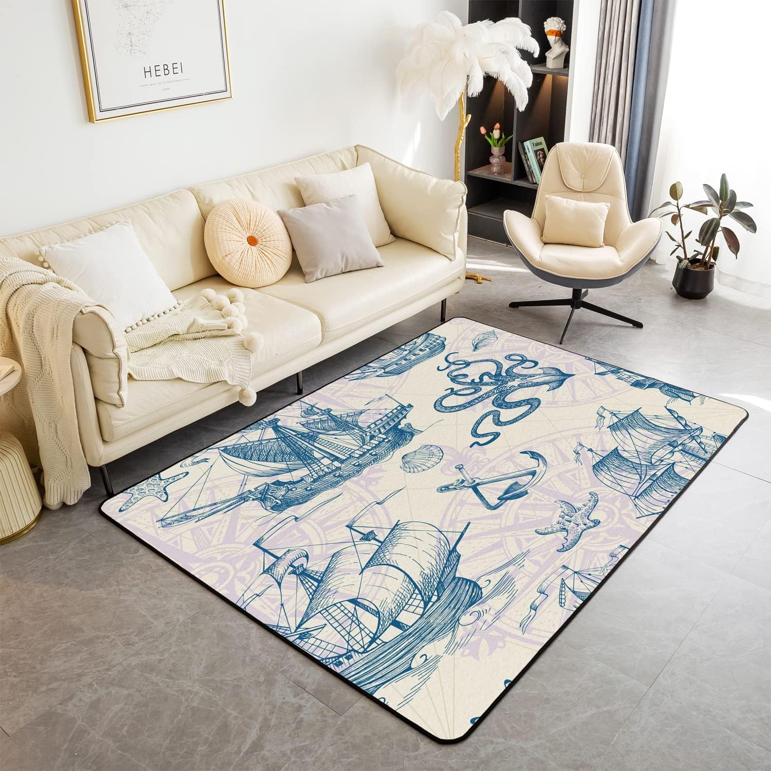 Tapis chambre enfant doux et rectangulaire sur le thème marin de la voile
