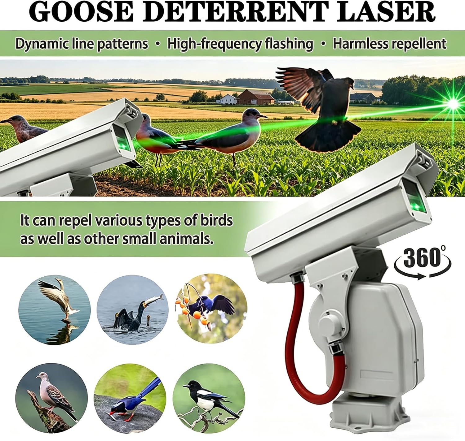 Automatic Bird Scarer with 360° Rotation and Adjustable Trajectory, Bird Deterrent Device with APP Remote Control, IP66 Waterproof for Orchards, Farmland and Outdoor Use B