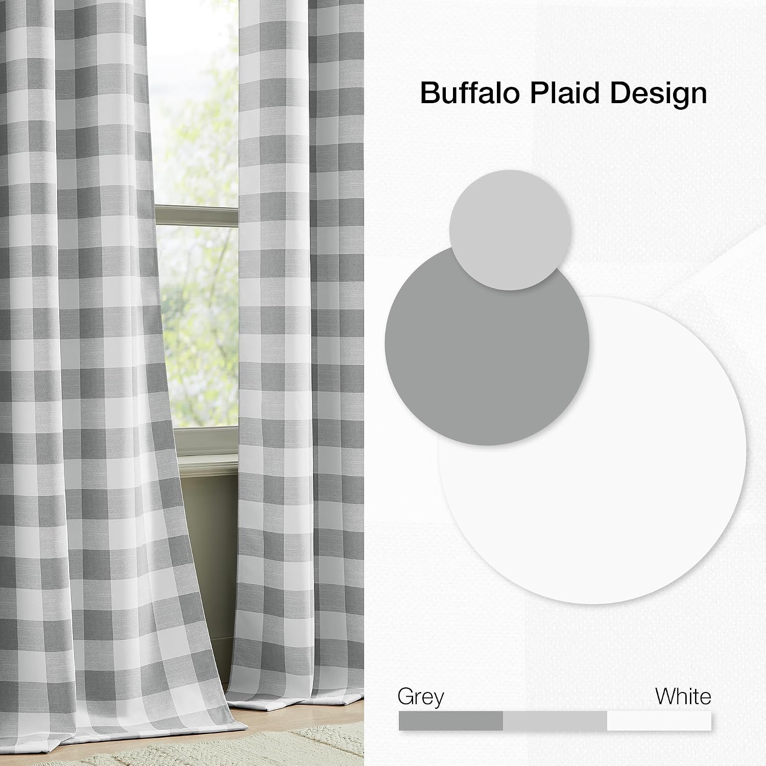 Buffalo Checkered 90% Blackout Curtains for Bedroom Living Room Plaid Gingham Thermal Grommet Top Drapes, Farmhouse Country Style Energy Efficient Room Darkening 2 Panels 52x84 Inch,Grey/White