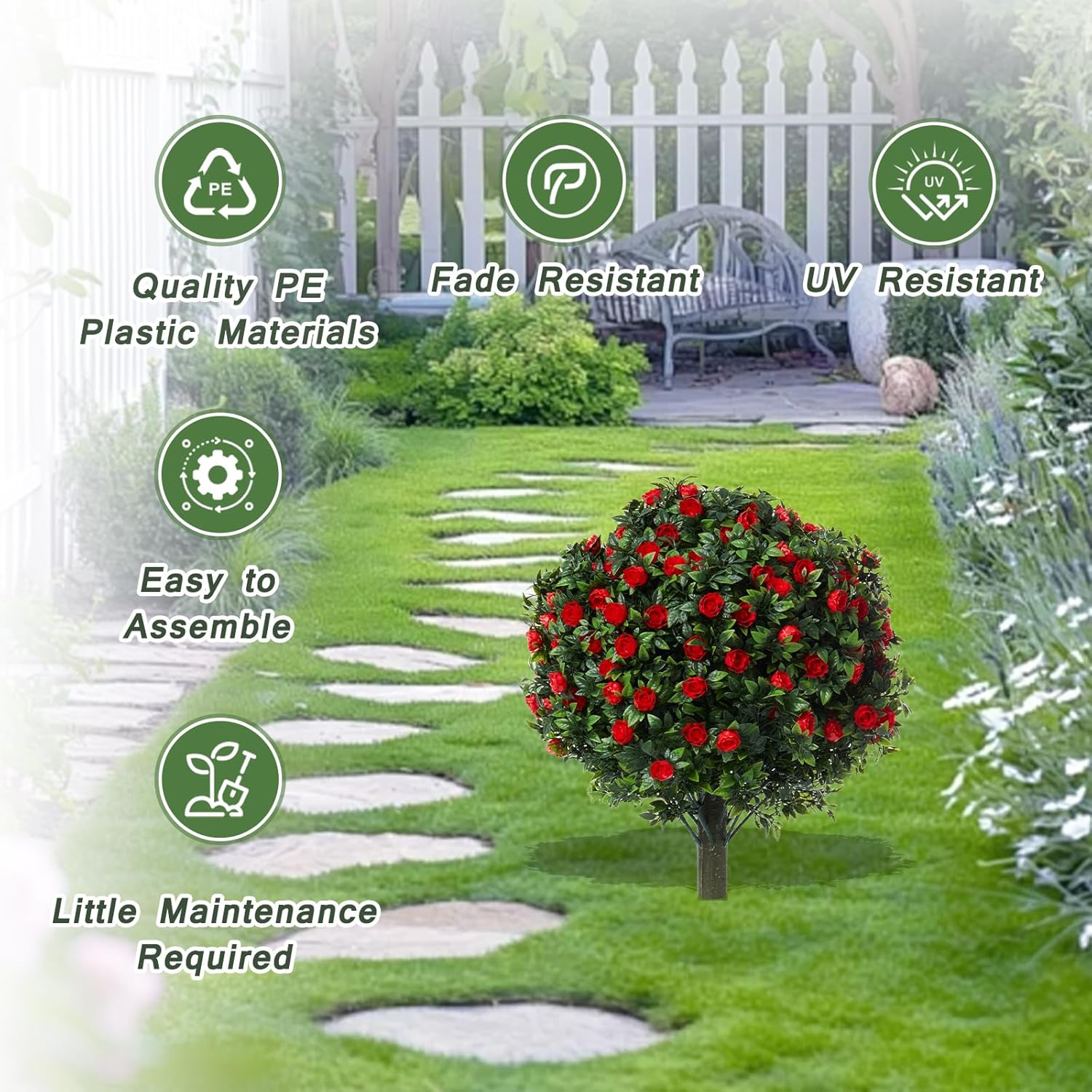Set of 2 24" Artificial Boxwood Topiary Ball Trees with Red Rose, UV Resistant Fake Evergreen Shrubs Bushes Plants with Ground Spike Fake Plants for Outdoor,Indoor,Front Porch,Garden,Yard