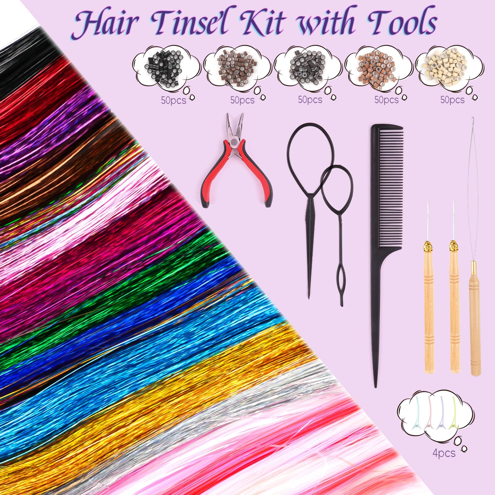 Hair Tinsel Kit With Tools, 20 Colours 4000 Strands Glitter Extensions, 47 Inch Sparkling Shiny Tinsel - Image 3