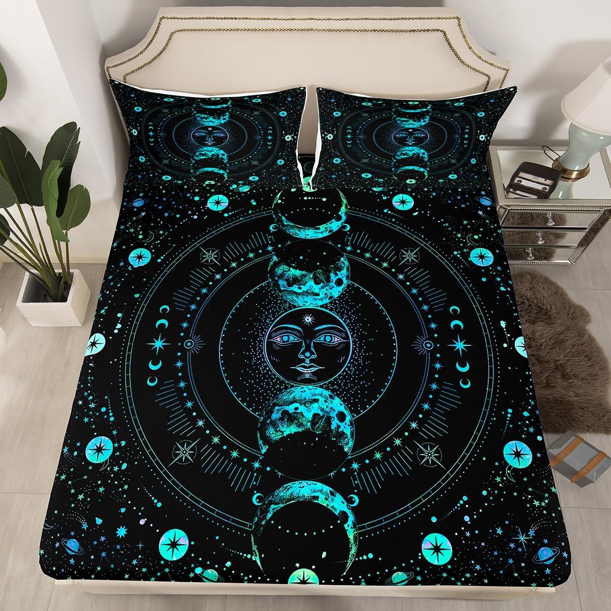Manfei Sun and Moon Sheet Set Full Size, Stars Space Psychedelic Bedding Set for Kids Girl Room Decor, Blue Sun Moon Boho Bed Sheet Set 4pcs with Deep Pocket Fitted Sheet + Flat Sheet + 2 Pillowcases