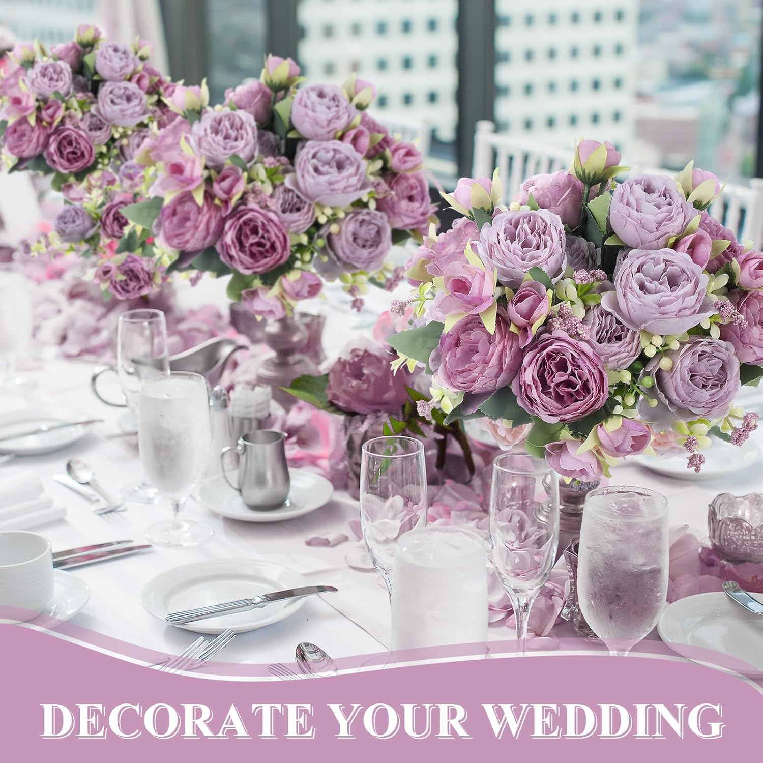 8 Bundles Artificial Peonies Flowers Boho Faux Flowers Arrangements Artificial Centerpiece Spring Bouquet Floral Wedding Decoration for Vase(Purple) - Image 3