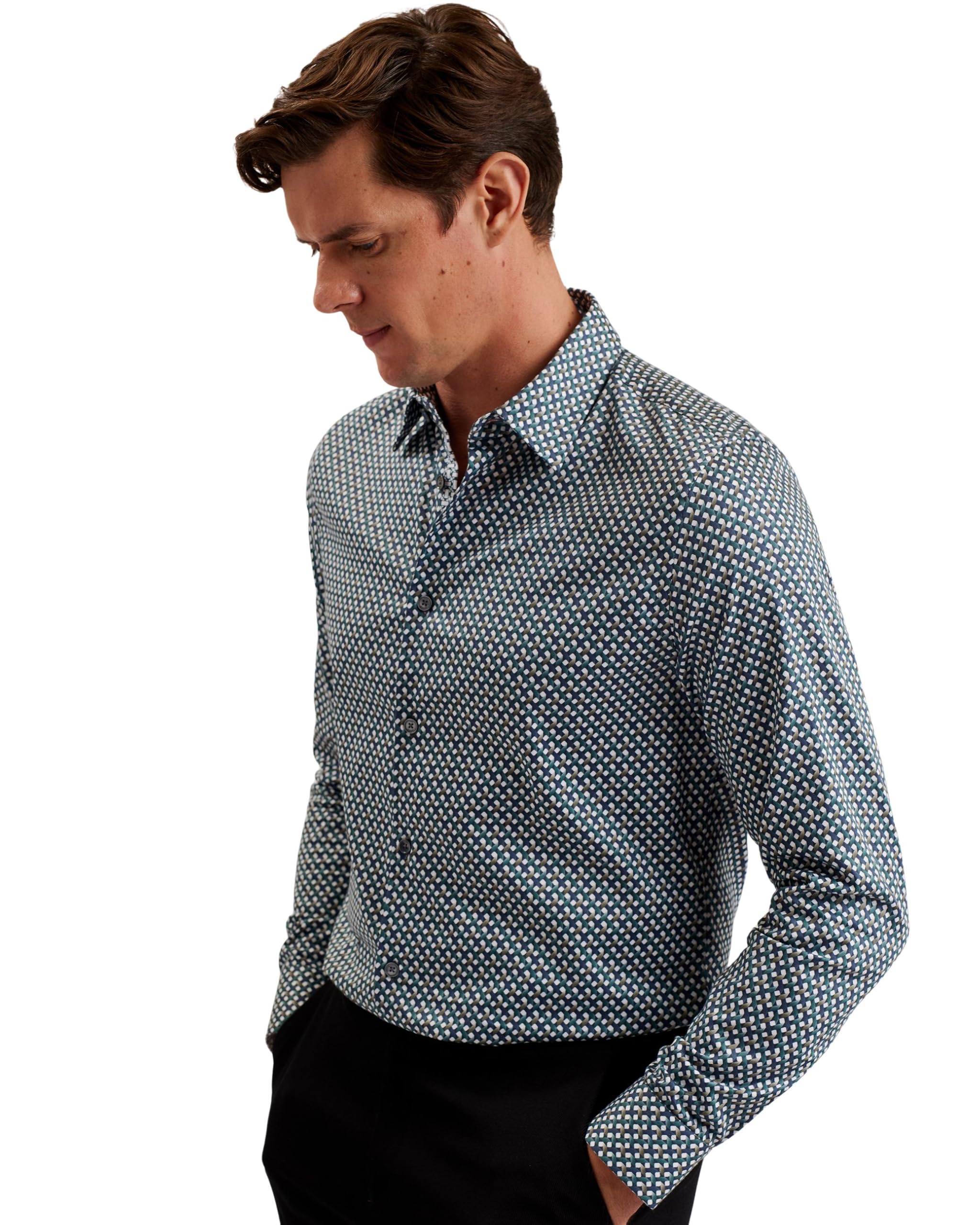 Ted Baker London wilsham-ls Slim Twist geo Print Shirt, Green