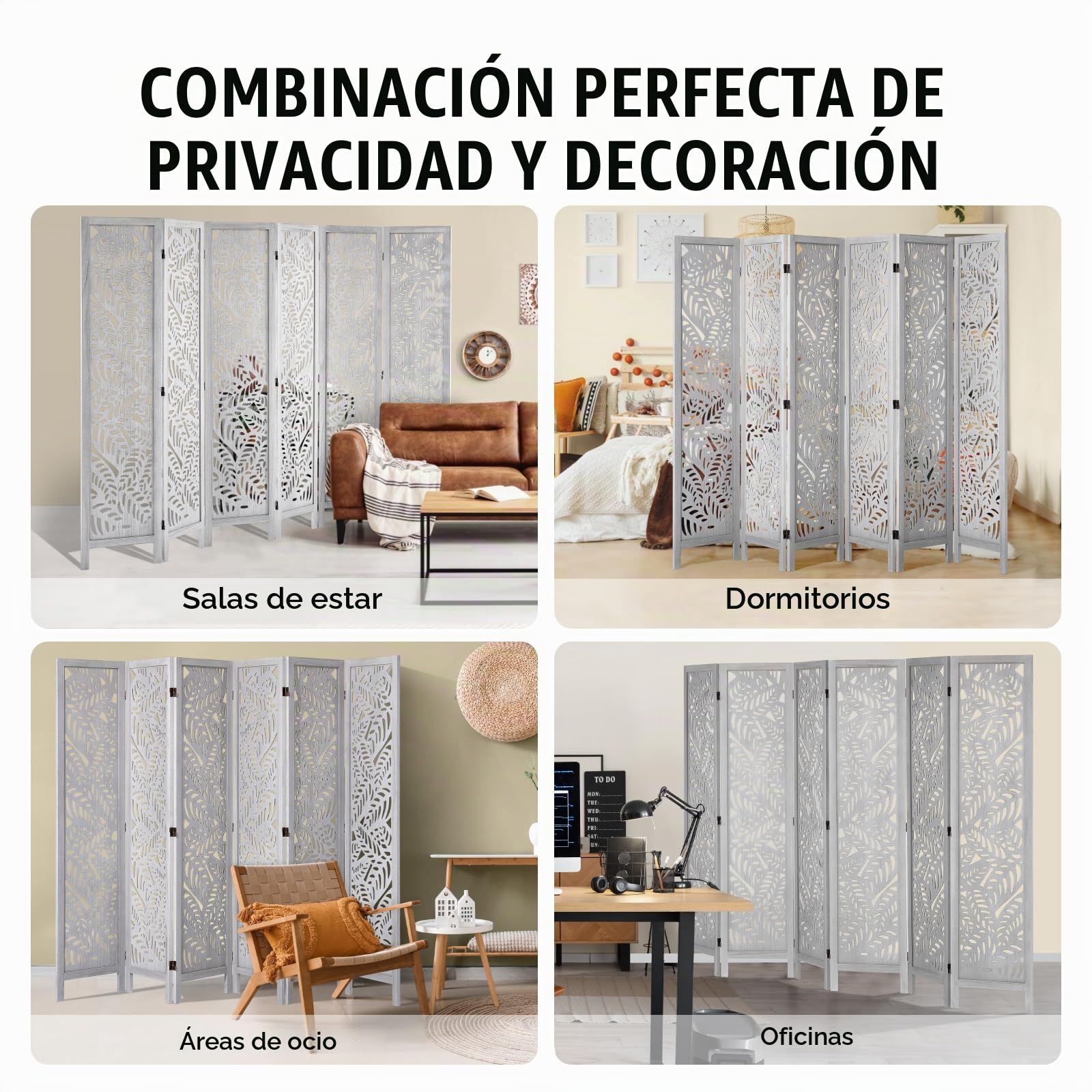 VEVOR Pantalla de Madera Portátil de Estilo Bohemio, Biombo Plegable de Madera de 6 Paneles para Privacidad, 2420 x 1700 x 18,5 mm para Separar Habitaciones, Hogar, Restaurante y Dormitorio, Blanco
