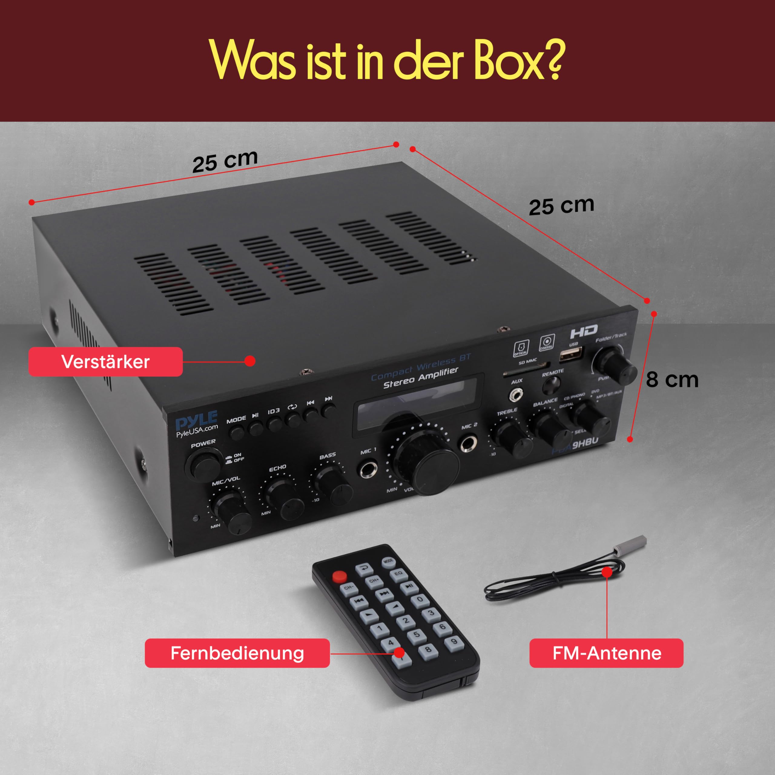 Pyle Stereo Verstärker, 200W Bluetooth Verstärker mit HDMI, Koaxial, USB AUX und Mic- Eingang, Mehrkanal- mit Fernbedienung, Ideal fur Heimkino TV, Musikstreaming und Karaoke