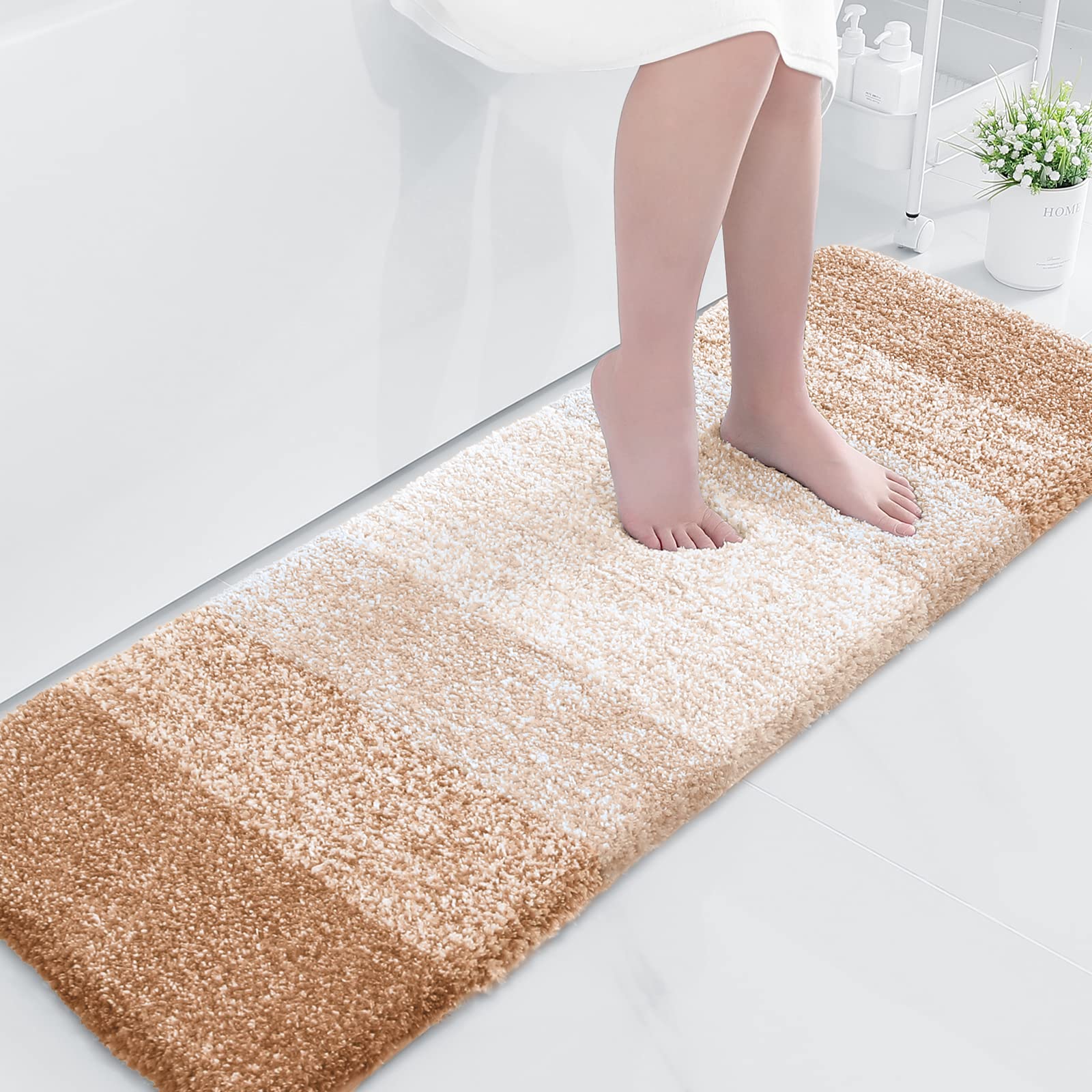 OLANLY Luxury Bathroom Rug Mat, Extra Soft and Absorbent Microfiber Bath Rugs, Non-Slip Plush Shaggy Bath Carpet Runner, Machine Wash Dry, Bath Mats for Bathroom Floor, Tub and Shower, 47x17, Beige