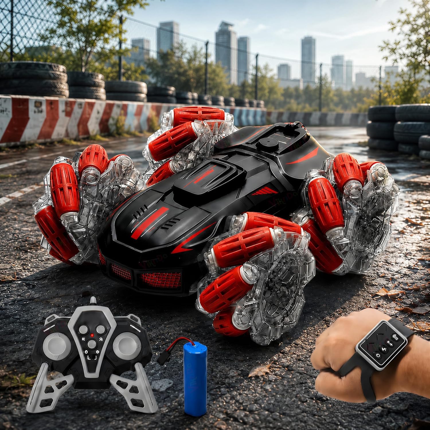 VikriDA RC 4x4 Gesture Control Drift Car | 360° Stunt Car with Smoke, RGB Lights, Spray Mist, Rechargeable Toy - with Watch Control LED Extreme- Multicolor-image-25