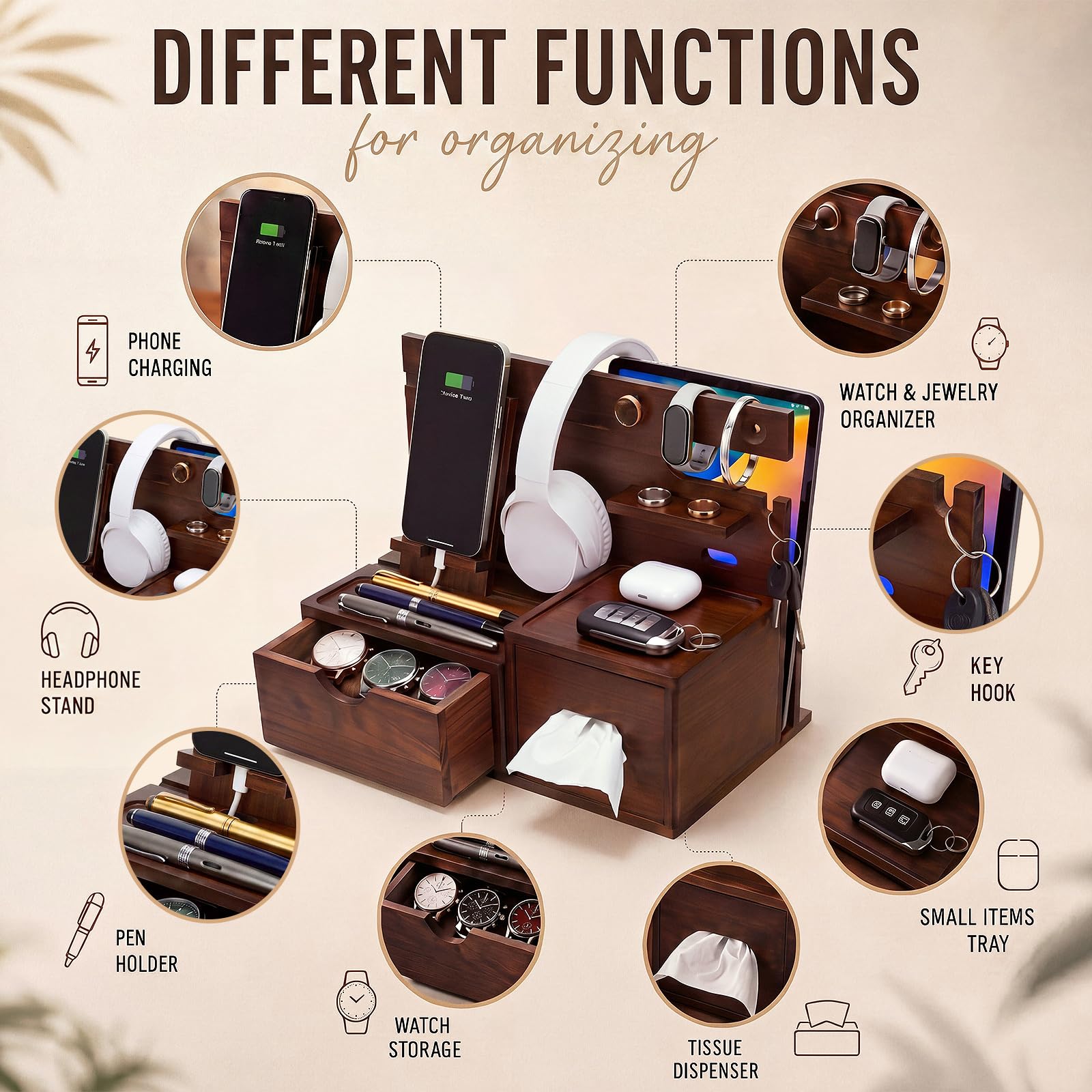 Junkin Station d'accueil de téléphone en bois de pin pour homme - Multifonction - Organisateur de bureau ou de table de nuit - Cadeau unique pour mari, père, pour téléphone, montre, clés, lunettes
