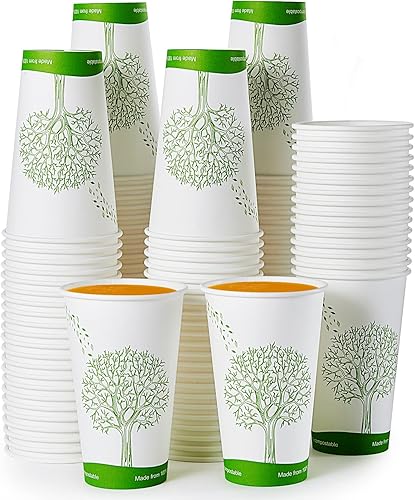 ECOLipak 210 tazas compostables de 16 onzas, vasos de papel desechables biodegradables con forro de ácido poliláctico (PLA), tazas de café de papel