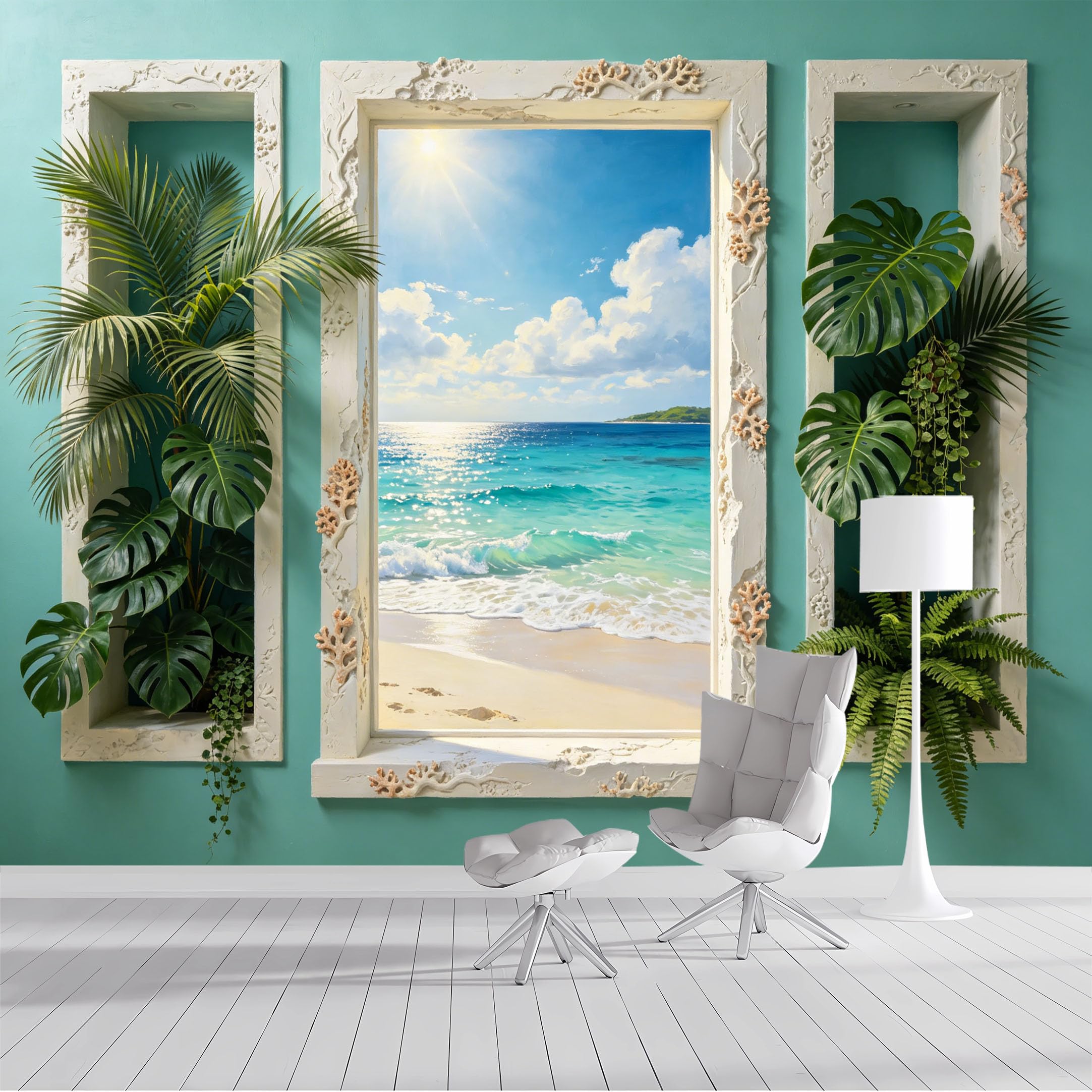 Custom Size Wall Mural Tropical Beach Ocean View Window Trompe L'Oeil Plant Botanical SelfAdhesive Wall Fabric Removable Wallpaper Wall Decor for Living Room Bedroom Bathroom