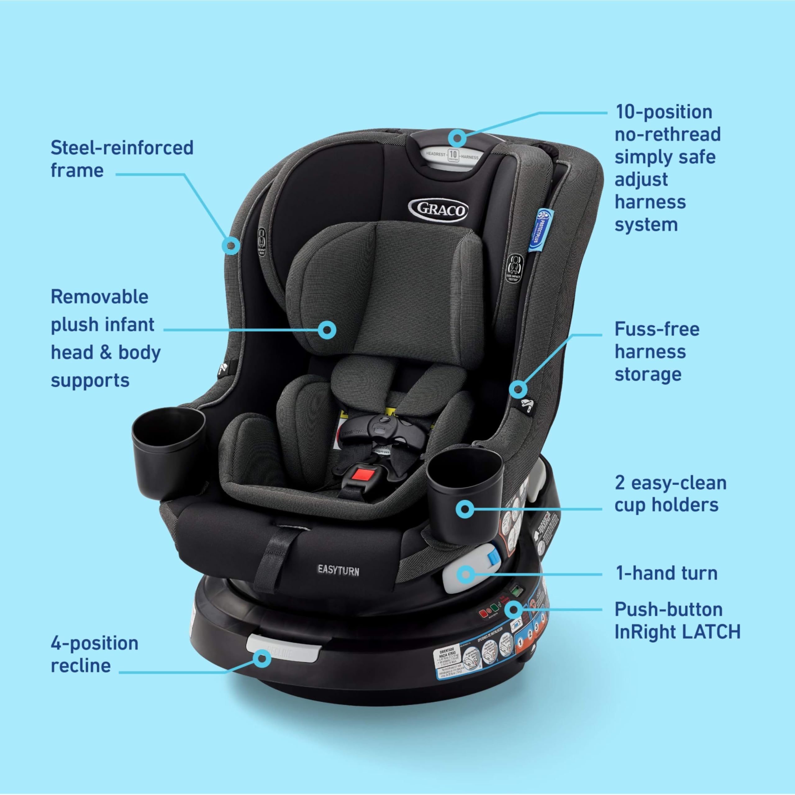 Graco Turn2Me 3-in-1 Convertible Car Seat, Rotating Seat feature, with Rear-Facing, Forward-Facing and Highback Booster options in Cambridge: Cyran EasyTurn 360 2-in-1